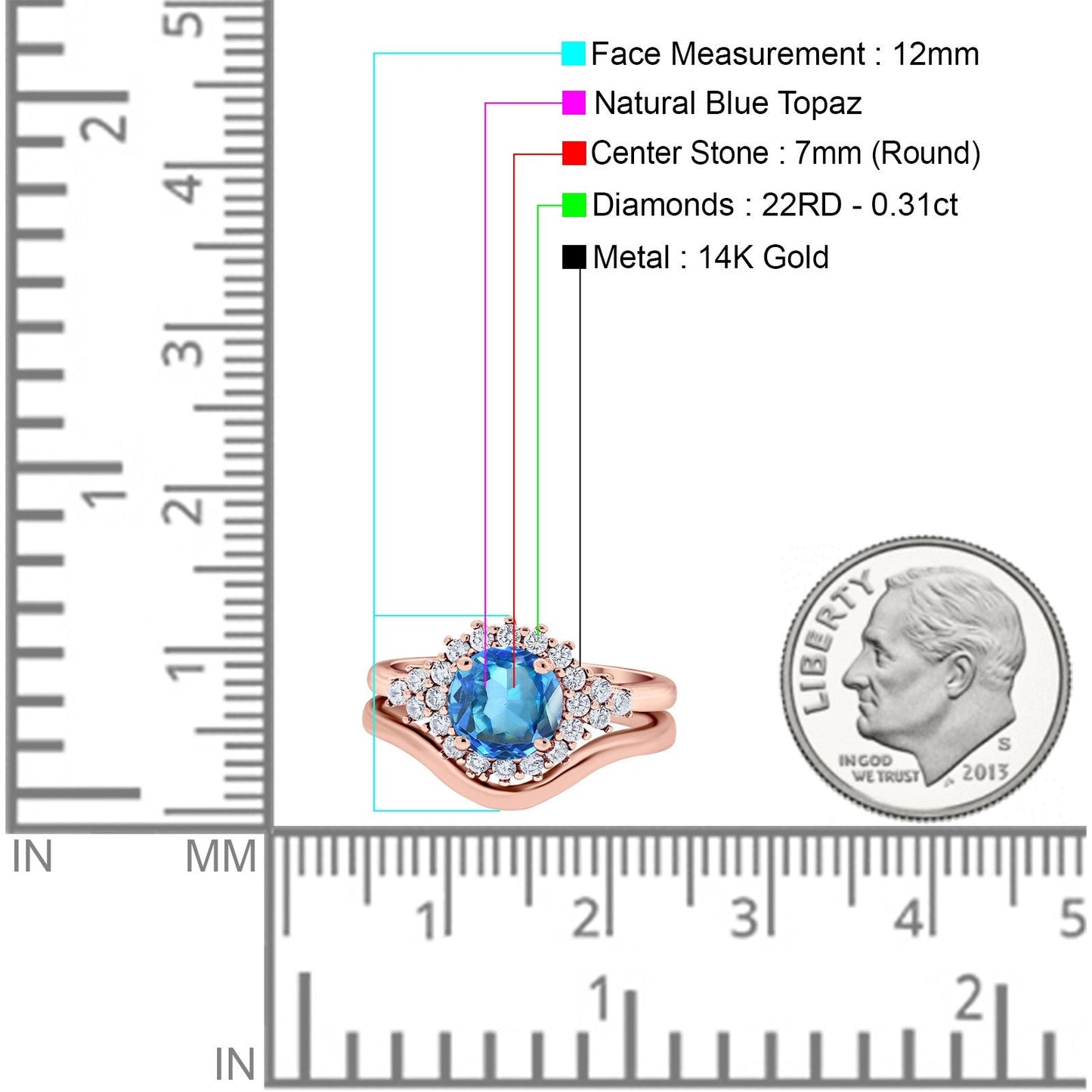 14K Rose Gold 1.59ct Round Two Piece Halo 7mm G SI Natural Blue Topaz Diamond Engagement Wedding Ring Size 6.5