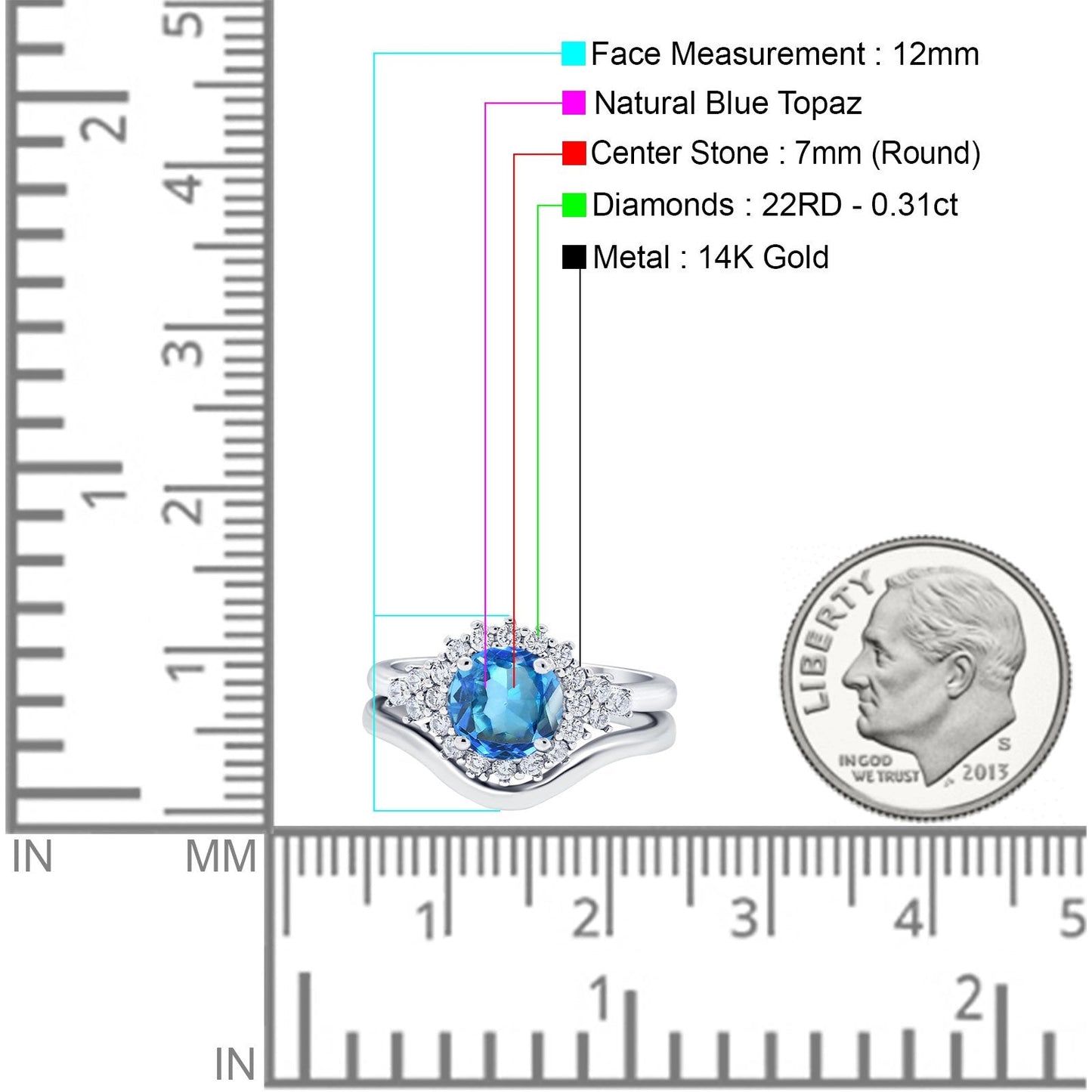 14K White Gold 1.59ct Round Two Piece Halo 7mm G SI Natural Blue Topaz Diamond Engagement Wedding Ring Size 6.5