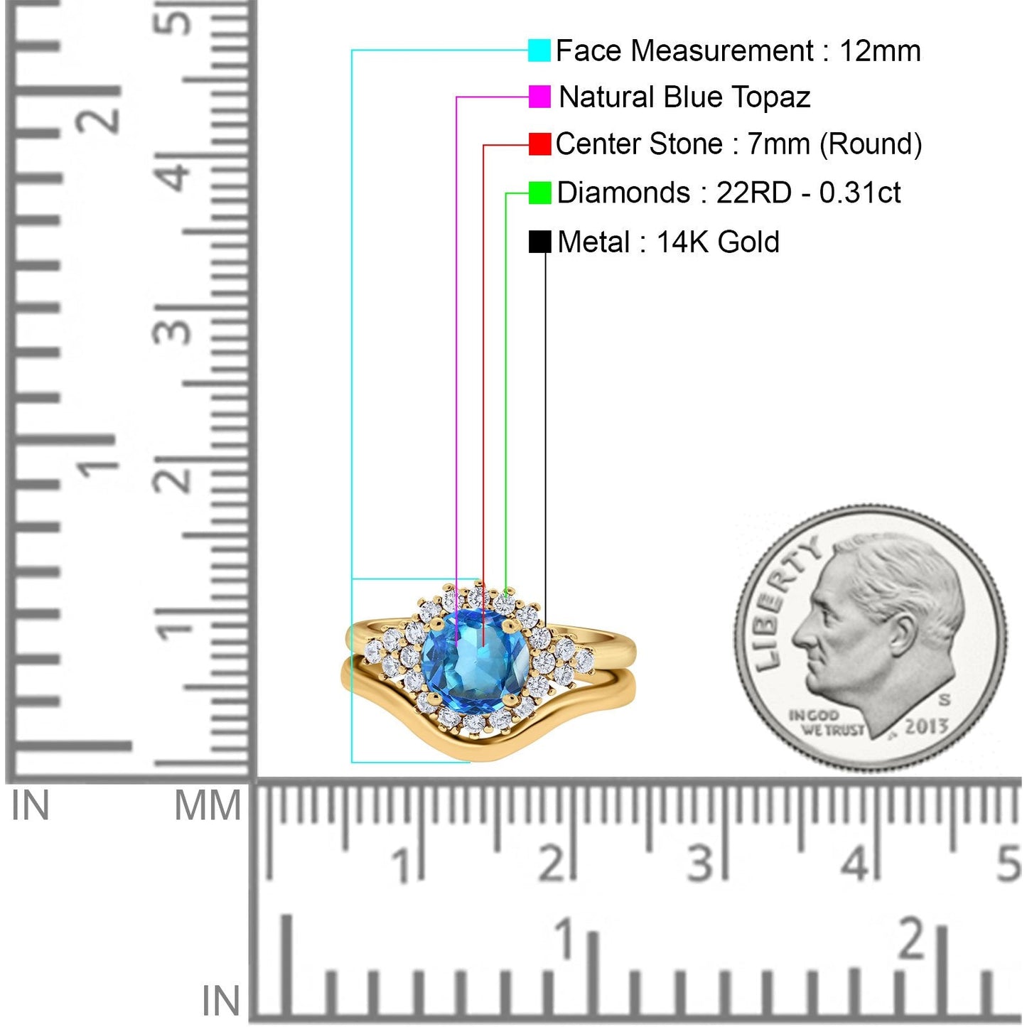 14K Yellow Gold 1.59ct Round Two Piece Halo 7mm G SI Natural Blue Topaz Diamond Engagement Wedding Ring Size 6.5