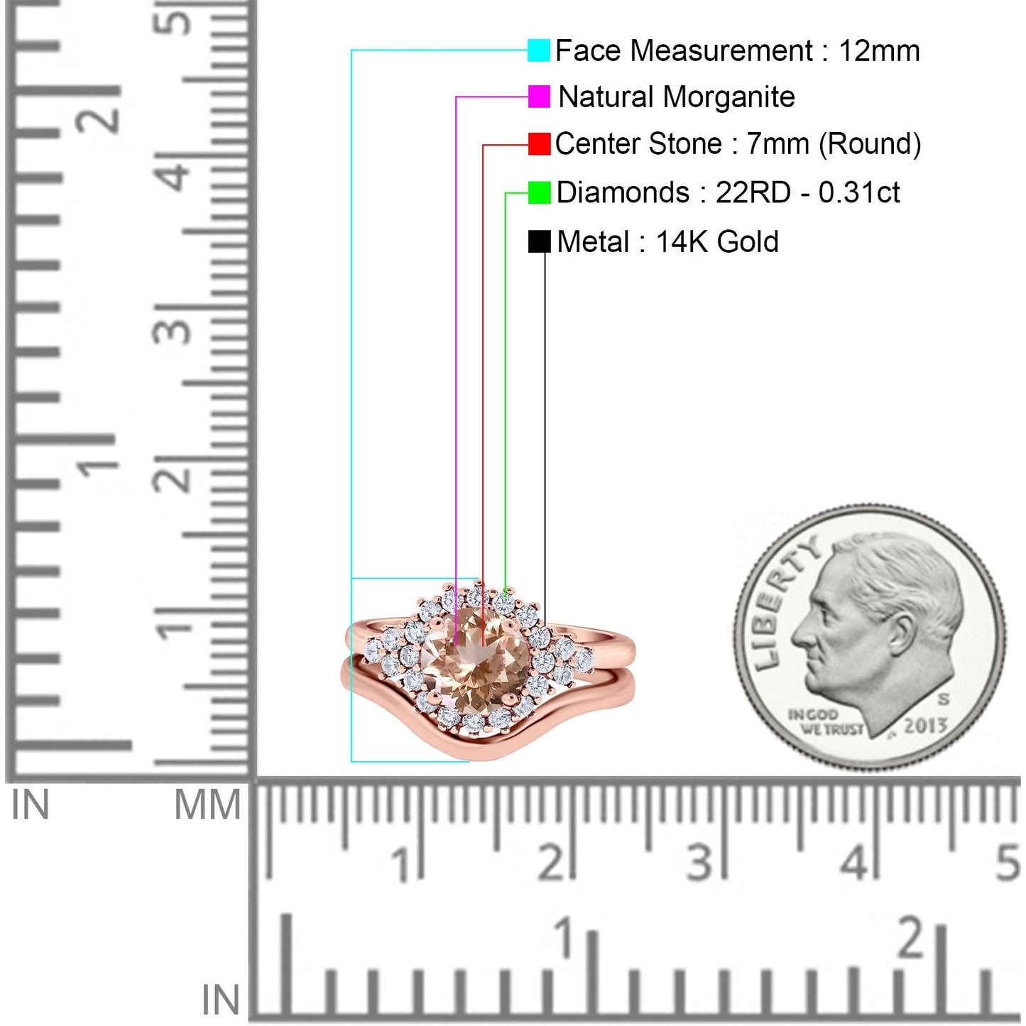 14K Rose Gold 1.59ct Round Two Piece Halo 7mm G SI Natural Morganite Diamond Engagement Wedding Ring Size 6.5