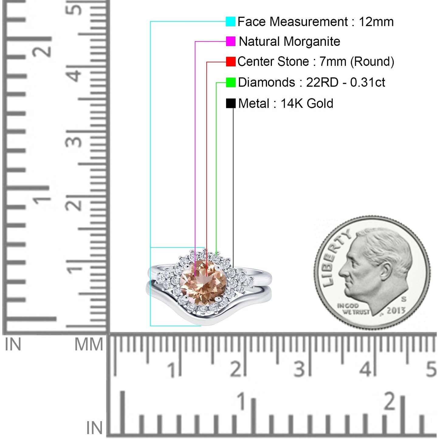 14K White Gold 1.59ct Round Two Piece Halo 7mm G SI Natural Morganite Diamond Engagement Wedding Ring Size 6.5