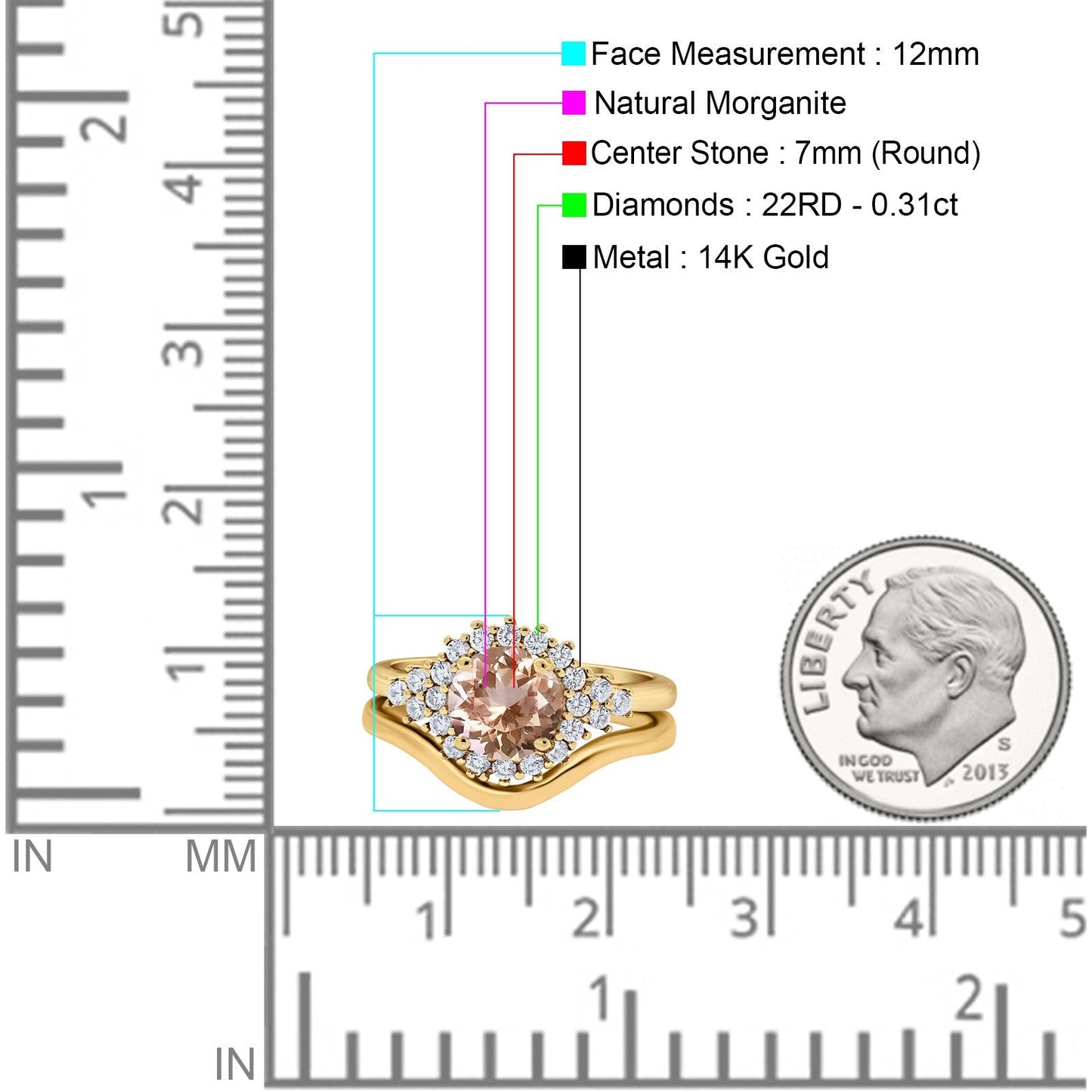 14K Yellow Gold 1.59ct Round Two Piece Halo 7mm G SI Natural Morganite Diamond Engagement Wedding Ring Size 6.5