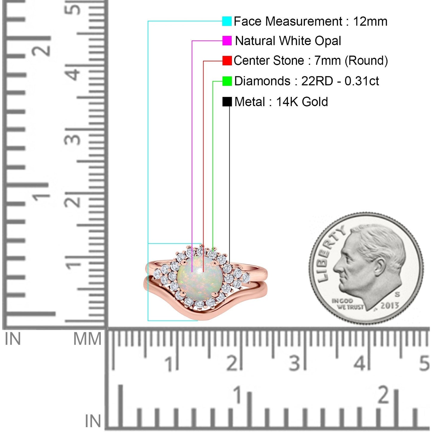 14K Rose Gold 0.31ct Round Two Piece Halo 7mm G SI Natural White Opal Diamond Engagement Wedding Ring Size 6.5