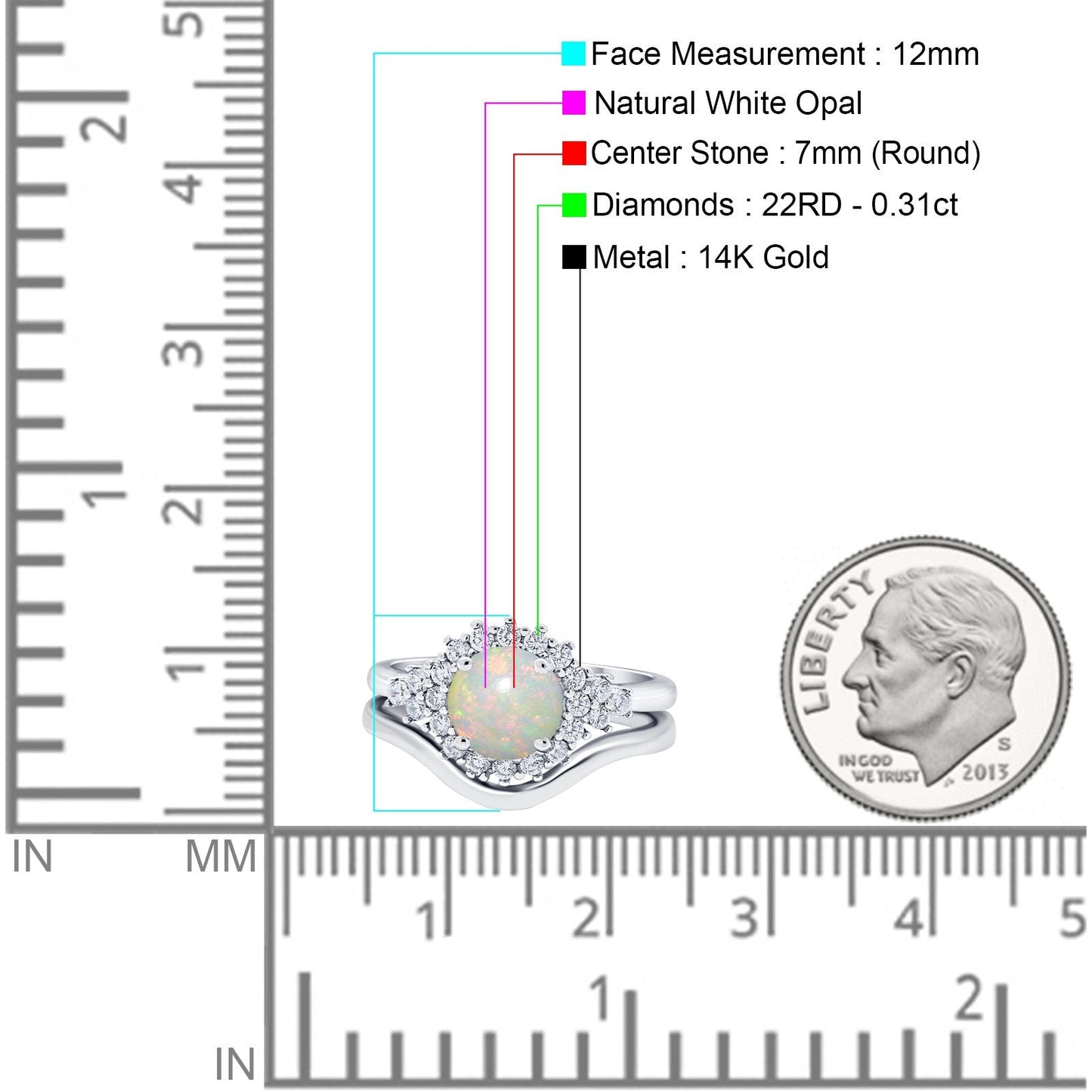 14K White Gold 0.31ct Round Two Piece Halo 7mm G SI Natural White Opal Diamond Engagement Wedding Ring Size 6.5