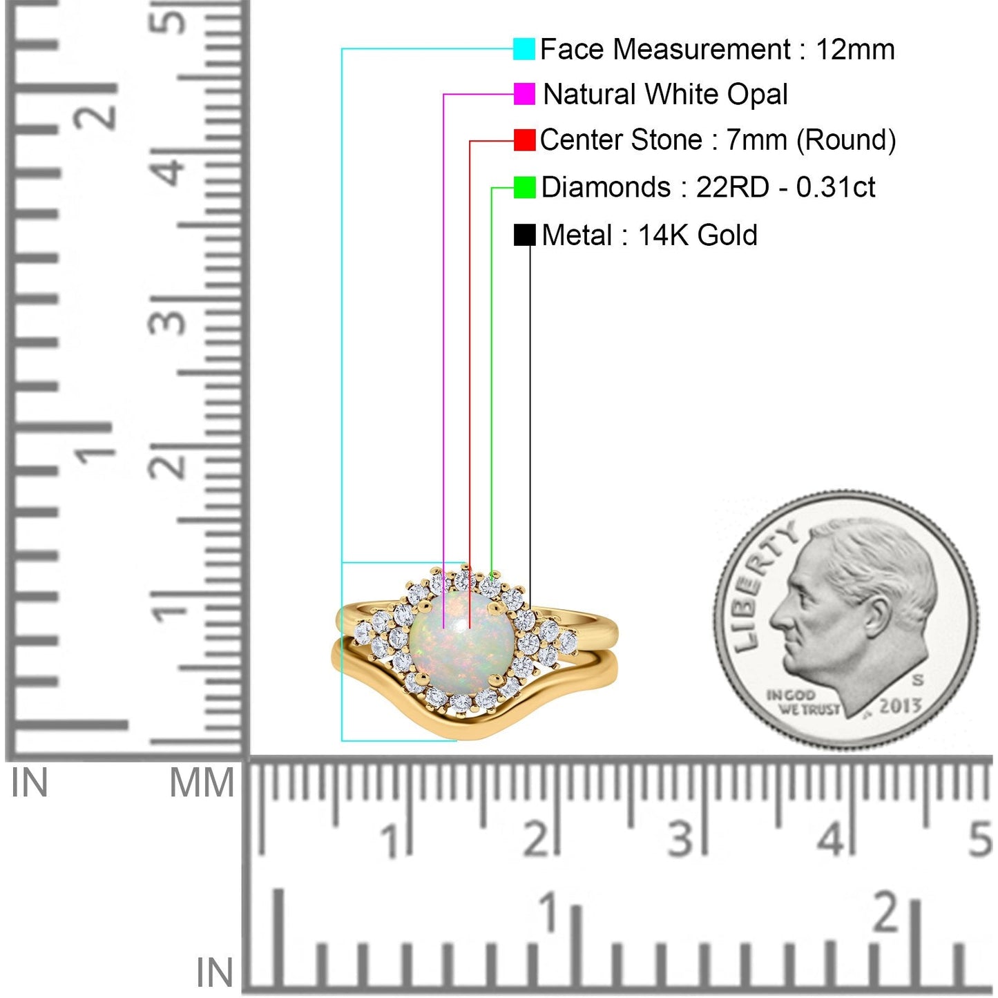 14K Yellow Gold 0.31ct Round Two Piece Halo 7mm G SI Natural White Opal Diamond Engagement Wedding Ring Size 6.5