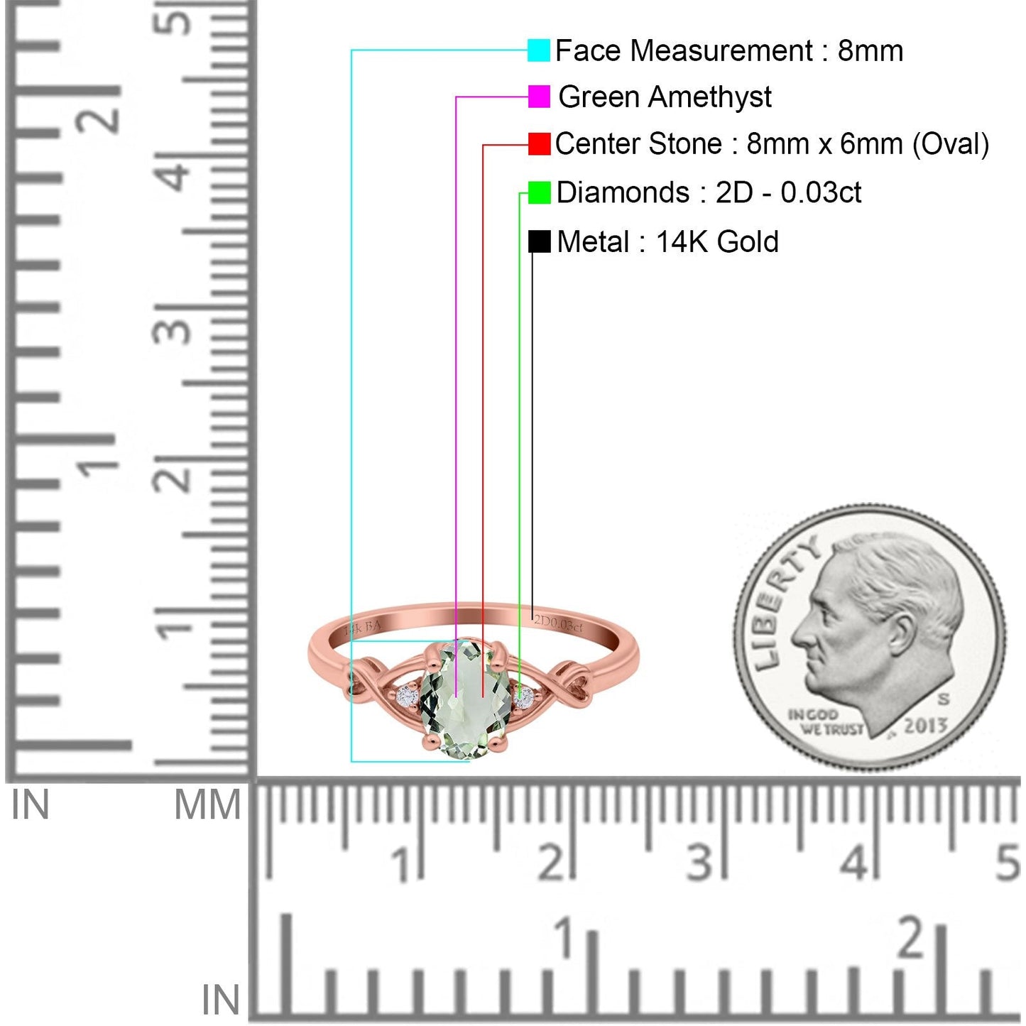 14K Rose Gold 1.24ct Oval Filigree Infinity 8mmx6mm G SI Natural Green Amethyst Diamond Engagement Wedding Ring Size 6.5