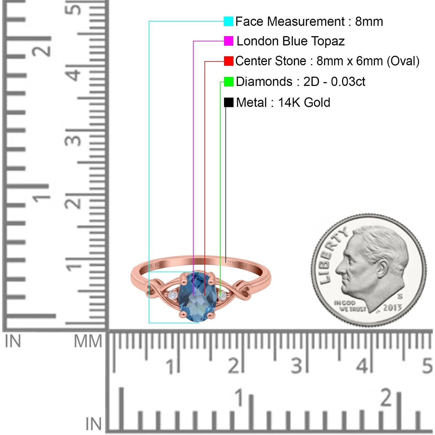 14K Rose Gold 1.24ct Oval Filigree Infinity 8mmx6mm G SI London Blue Topaz Diamond Engagement Wedding Ring Size 6.5