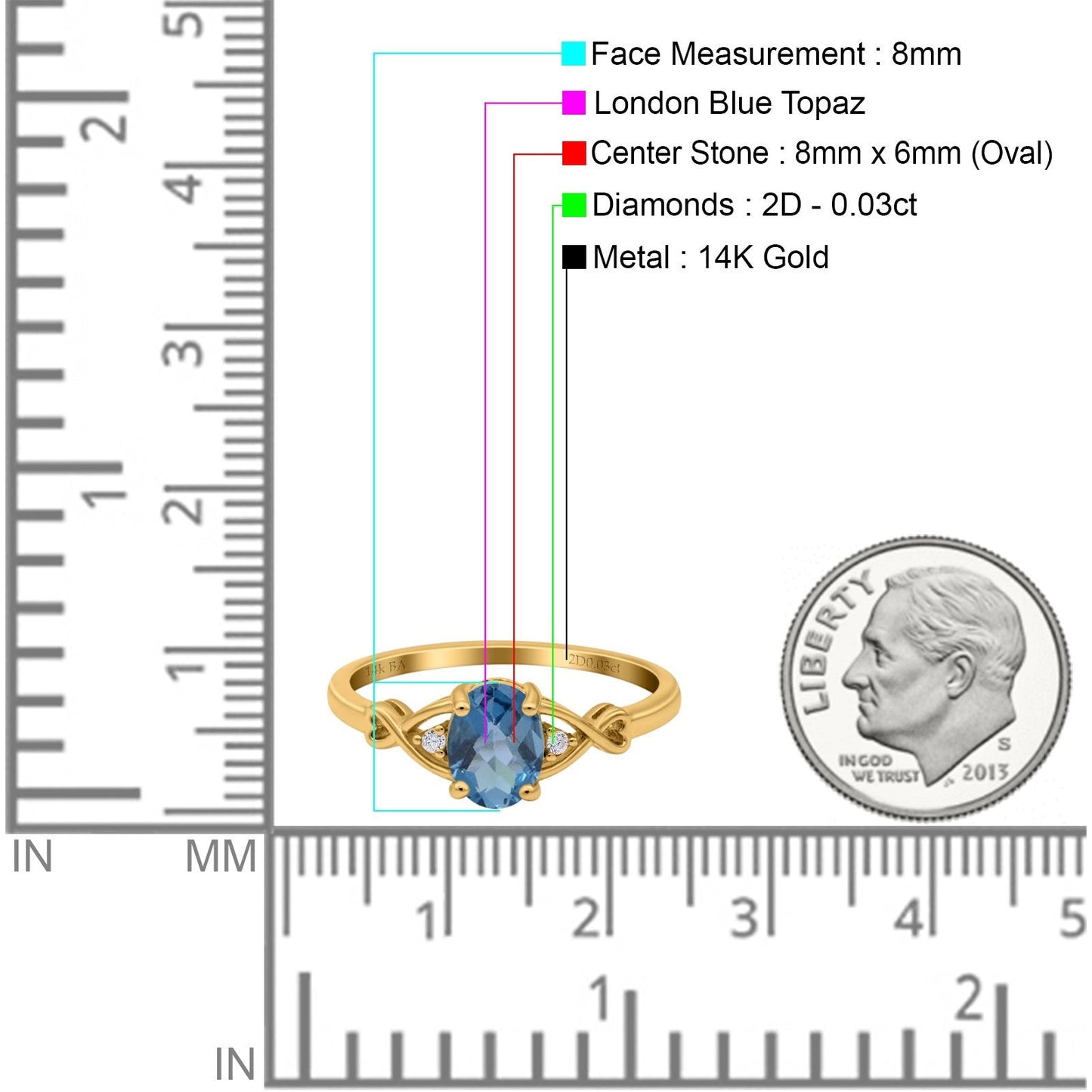 14K Yellow Gold 1.24ct Oval Filigree Infinity 8mmx6mm G SI London Blue Topaz Diamond Engagement Wedding Ring Size 6.5