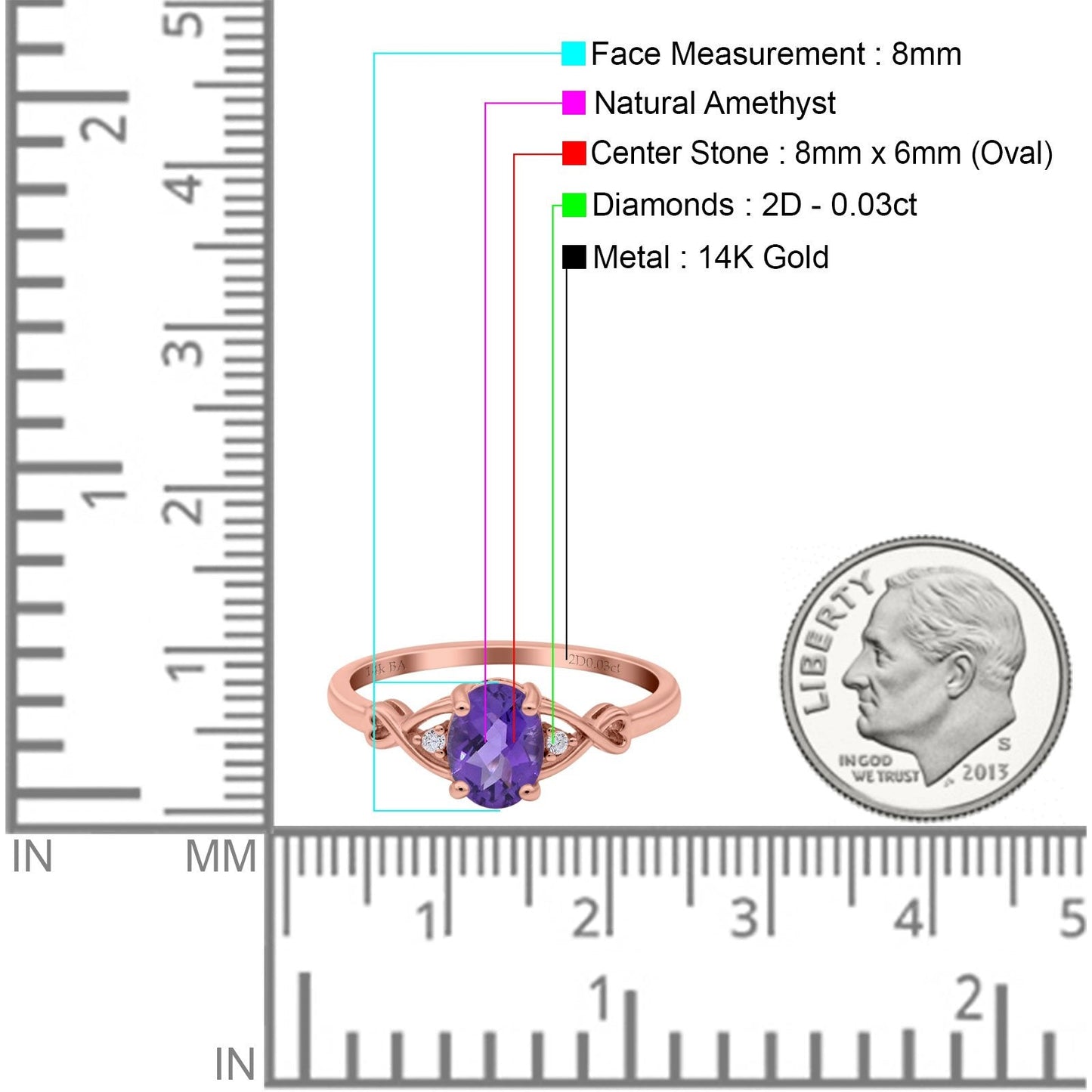 14K Rose Gold 1.24ct Oval Filigree Infinity 8mmx6mm G SI Natural Amethyst Diamond Engagement Wedding Ring Size 6.5