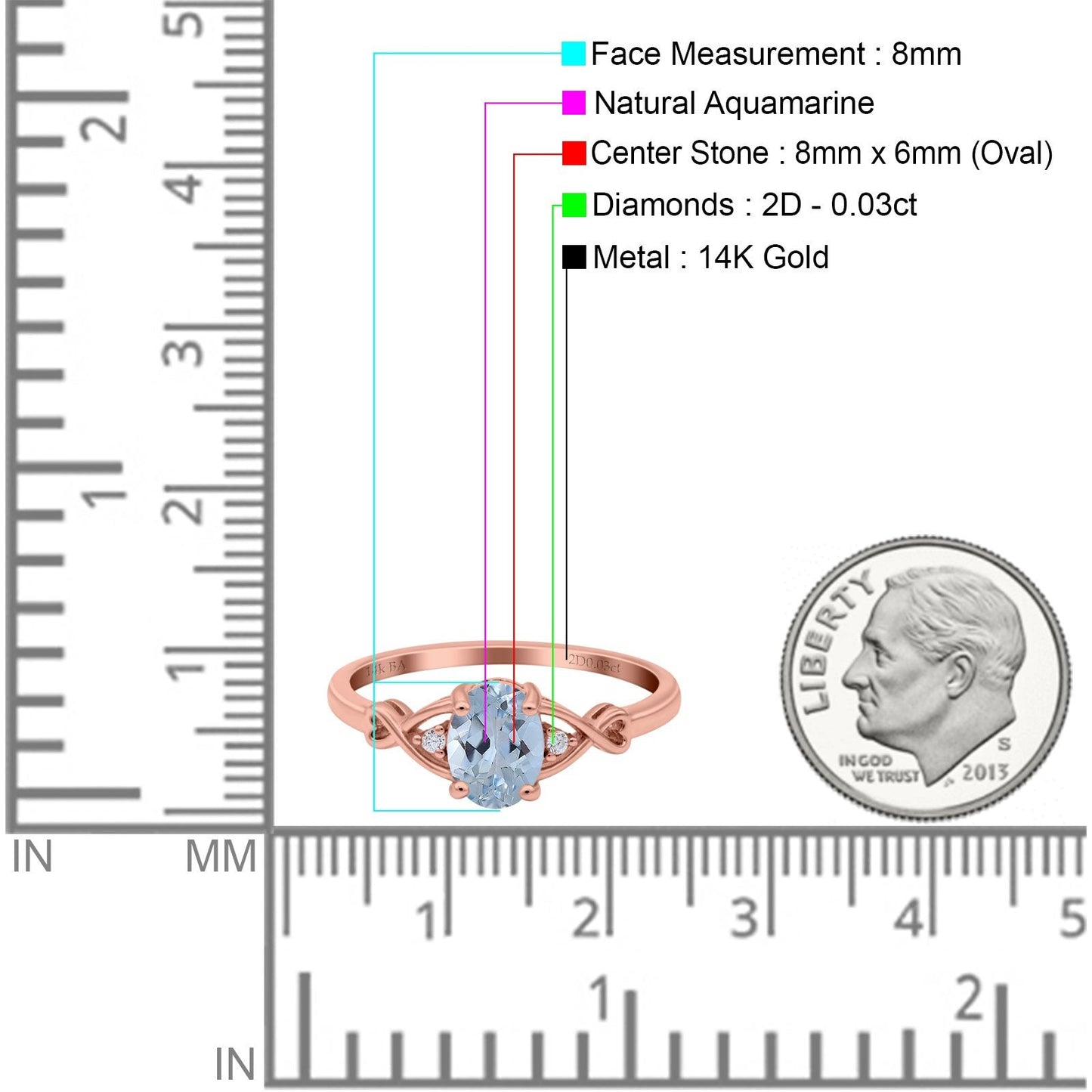 14K Rose Gold 1.24ct Oval Filigree Infinity 8mmx6mm G SI Natural Aquamarine Diamond Engagement Wedding Ring Size 6.5