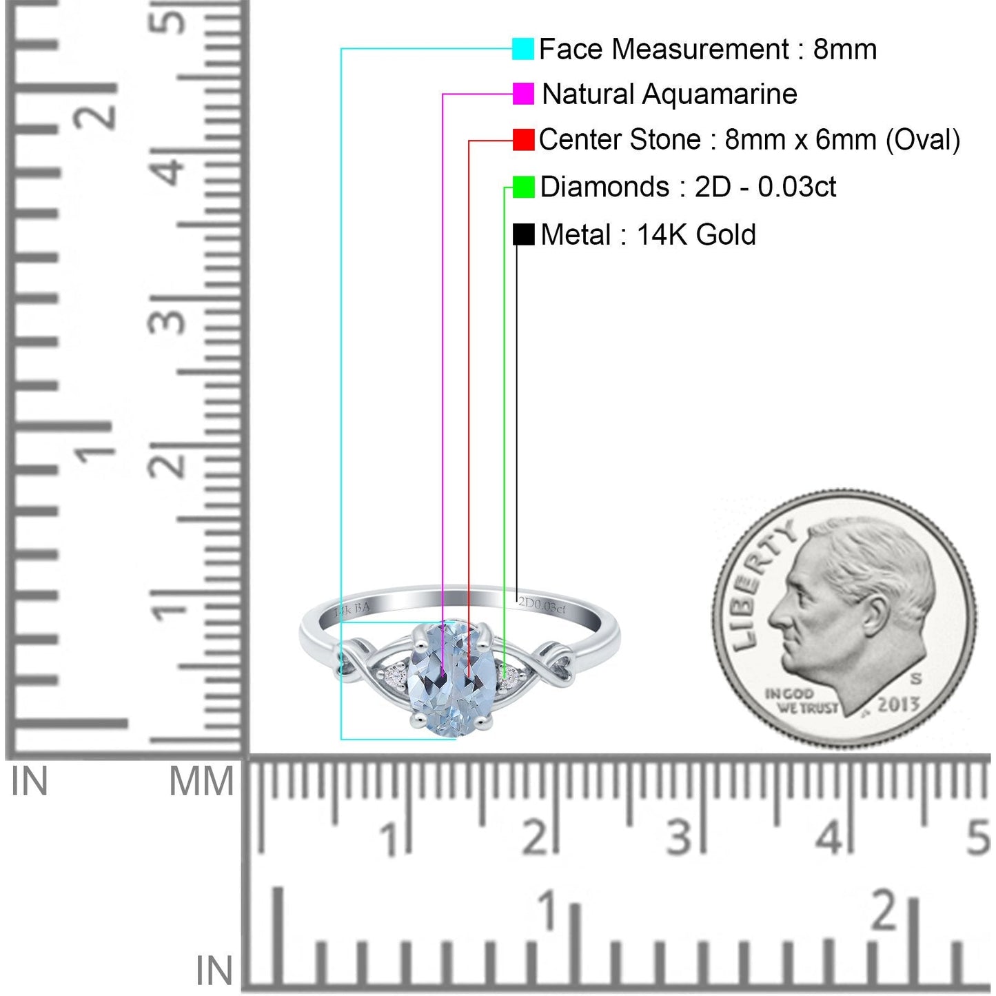 14K White Gold 1.24ct Oval Filigree Infinity 8mmx6mm G SI Natural Aquamarine Diamond Engagement Wedding Ring Size 6.5