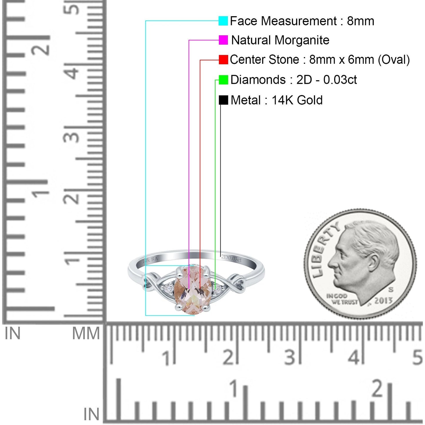 14K White Gold 1.24ct Oval Filigree Infinity 8mmx6mm G SI Natural Morganite Diamond Engagement Wedding Ring Size 6.5