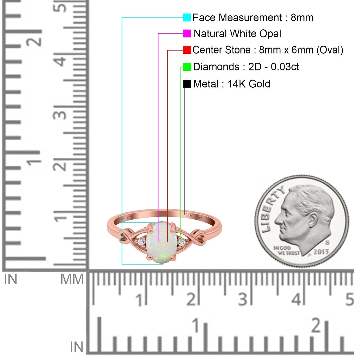 14K Rose Gold 0.03ct Oval Filigree Infinity 8mmx6mm G SI Natural Rose Opal Diamond Engagement Wedding Ring Size 6.5