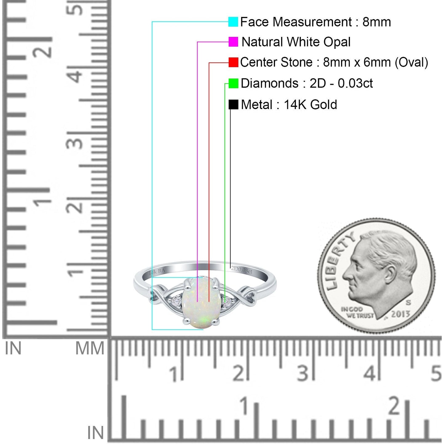 14K White Gold 0.03ct Oval Filigree Infinity 8mmx6mm G SI Natural White Opal Diamond Engagement Wedding Ring Size 6.5