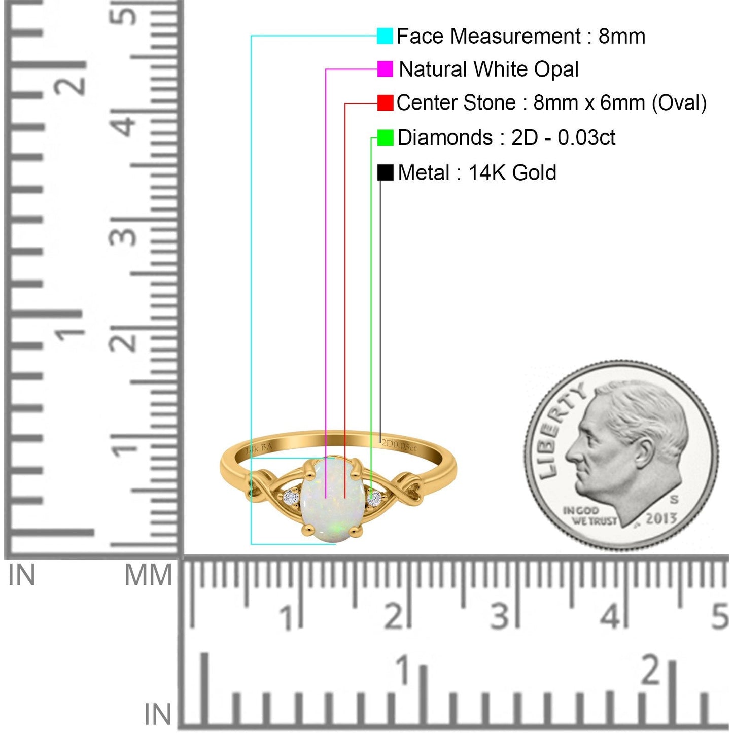 14K Yellow Gold 0.03ct Oval Filigree Infinity 8mmx6mm G SI Natural Yellow Opal Diamond Engagement Wedding Ring Size 6.5