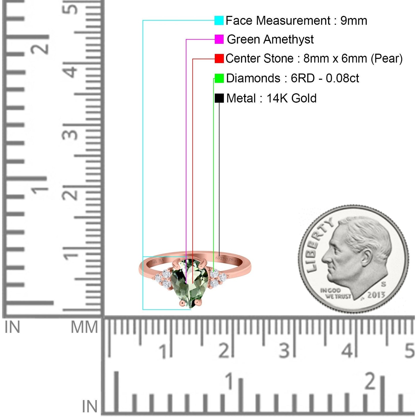 14K Rose Gold 1.33ct Teardrop Pear 8mmx6mm G SI Natural Green Amethyst Diamond Engagement Wedding Ring Size 6.5