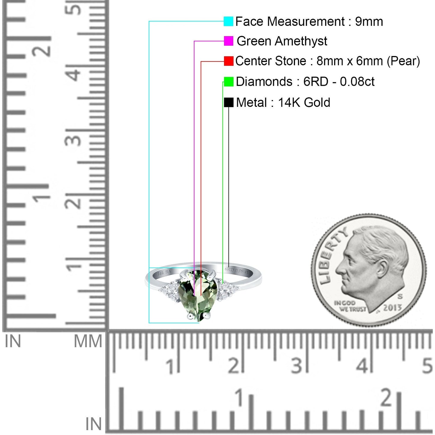 14K White Gold 1.33ct Teardrop Pear 8mmx6mm G SI Natural Green Amethyst Diamond Engagement Wedding Ring Size 6.5