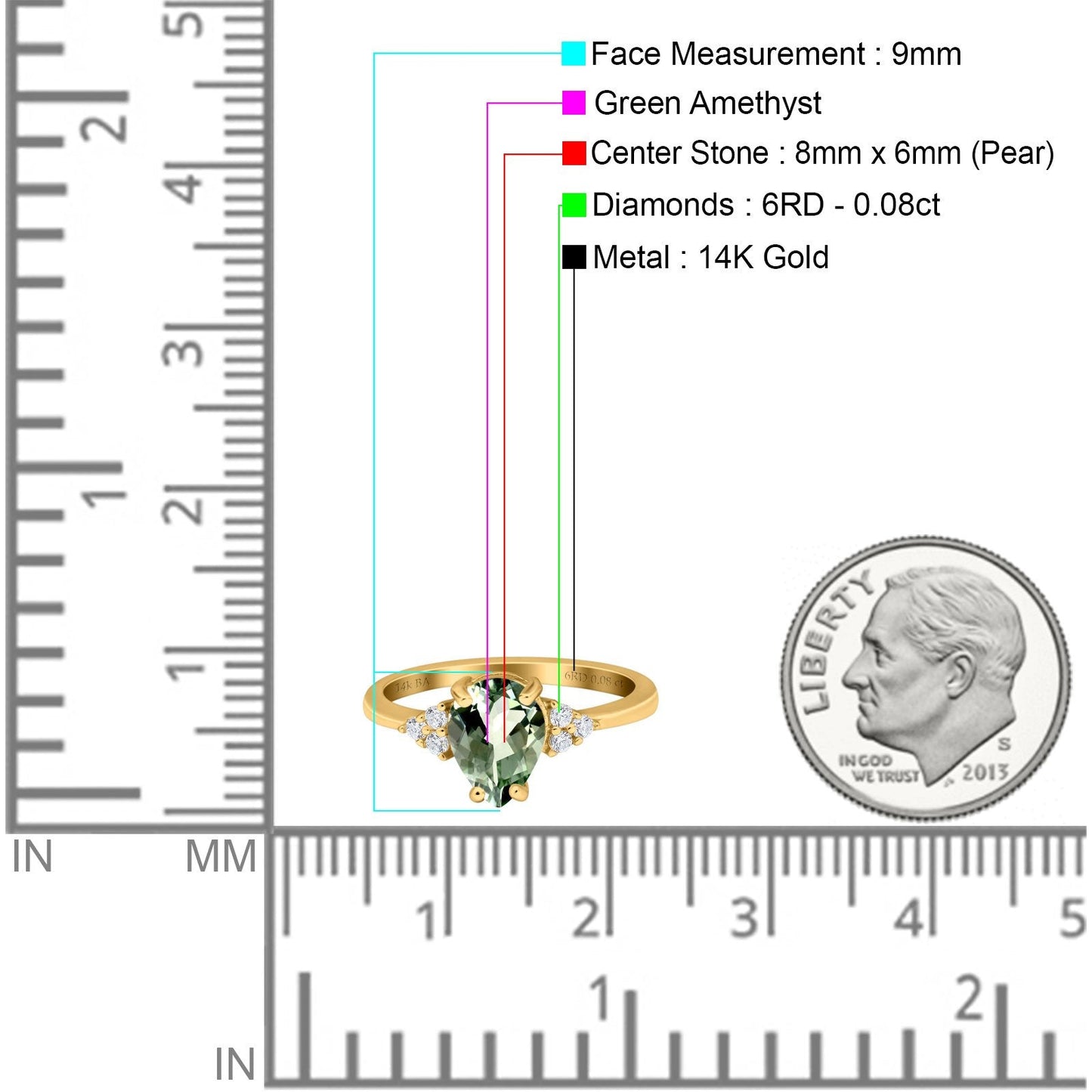 14K Yellow Gold 1.33ct Teardrop Pear 8mmx6mm G SI Natural Green Amethyst Diamond Engagement Wedding Ring Size 6.5