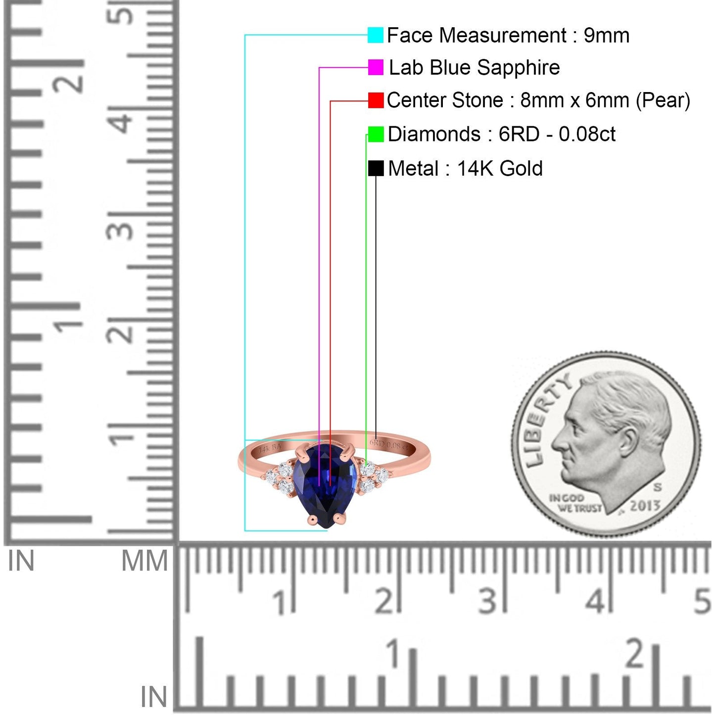 14K Rose Gold 1.33ct Teardrop Pear 8mmx6mm G SI Nano Blue Sapphire Diamond Engagement Wedding Ring Size 6.5