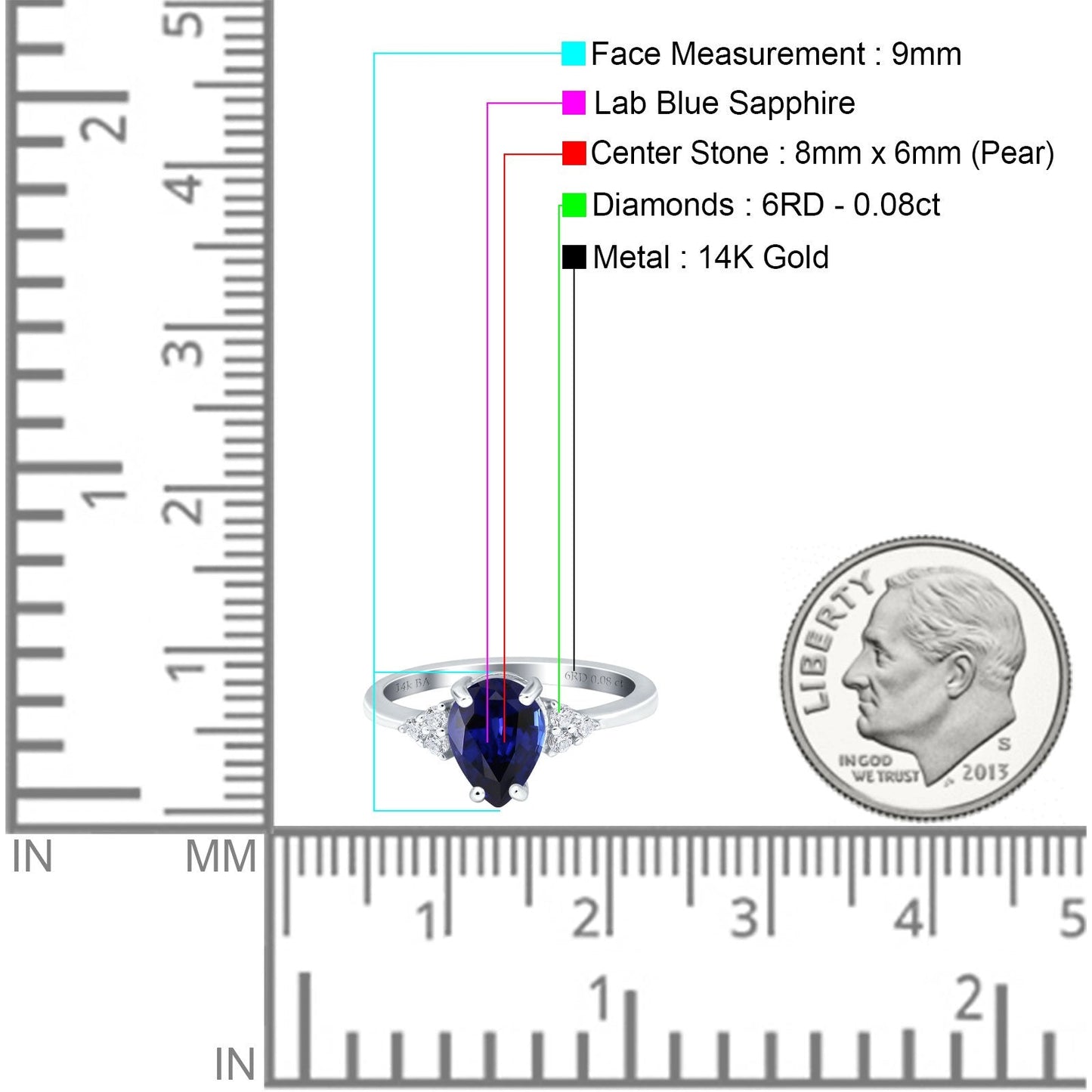 Bague de fiançailles en or blanc 14 carats, 1,33 ct, forme poire en forme de larme, 8 mm x 6 mm, G SI, saphir bleu nano, diamant, taille 6,5