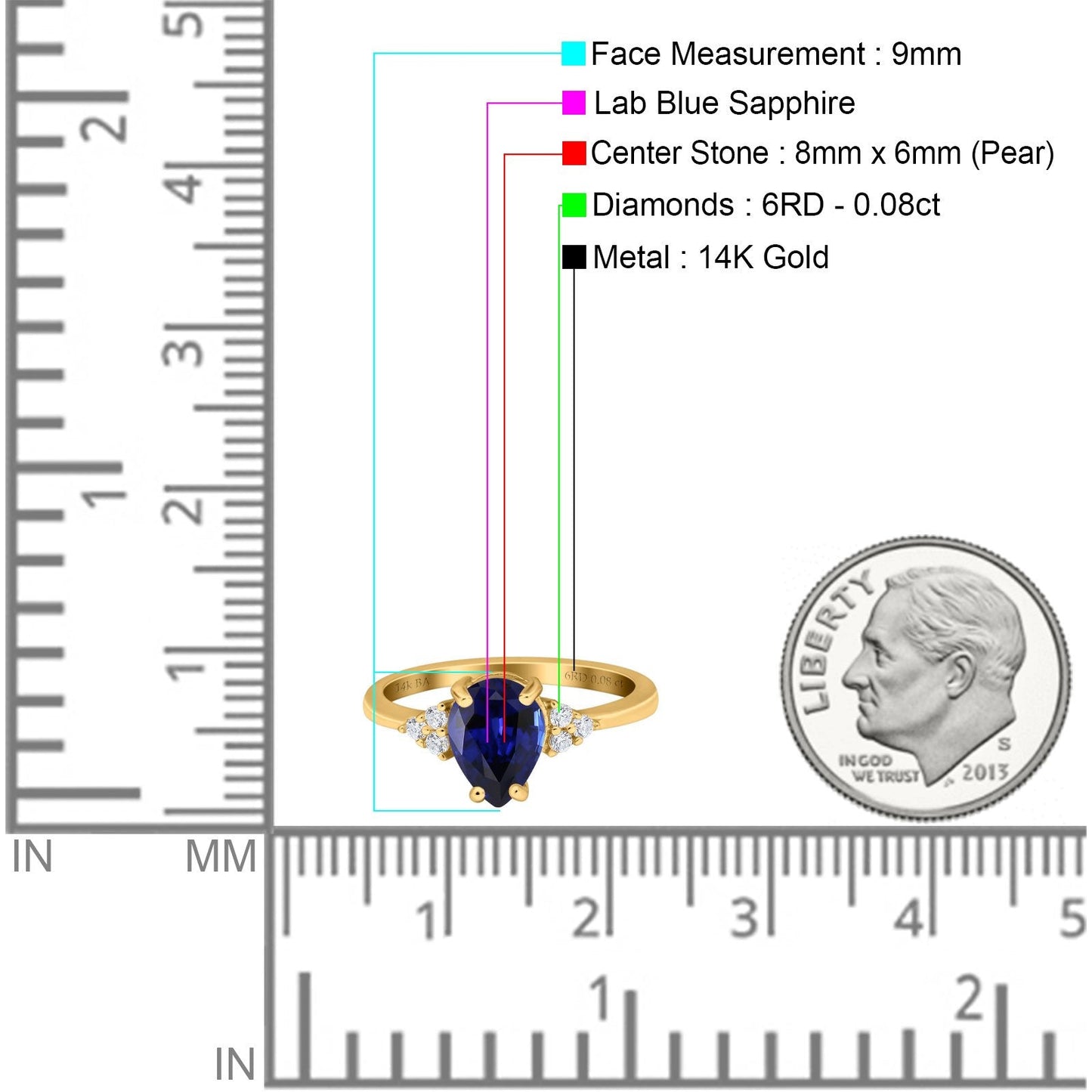 14K Yellow Gold 1.33ct Teardrop Pear 8mmx6mm G SI Nano Blue Sapphire Diamond Engagement Wedding Ring Size 6.5