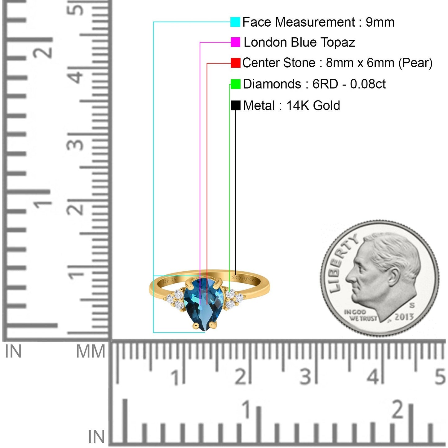 14K Yellow Gold 1.33ct Teardrop Pear 8mmx6mm G SI London Blue Topaz Diamond Engagement Wedding Ring Size 6.5