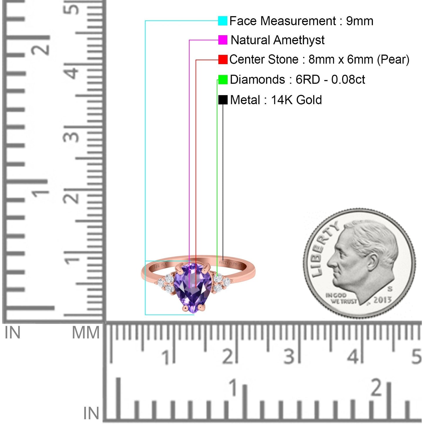 14K Rose Gold 1.33ct Teardrop Pear 8mmx6mm G SI Natural Amethyst Diamond Engagement Wedding Ring Size 6.5