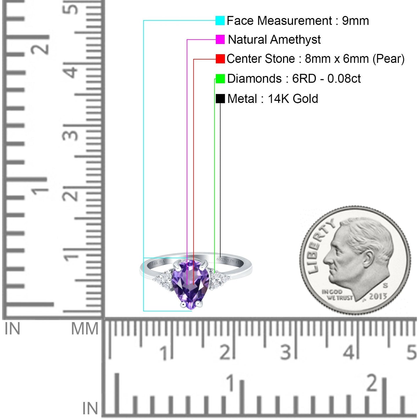 Bague de fiançailles en or blanc 14 carats, 1,33 ct, forme poire en forme de larme, 8 mm x 6 mm, G SI, améthyste naturelle, diamant, taille 6,5