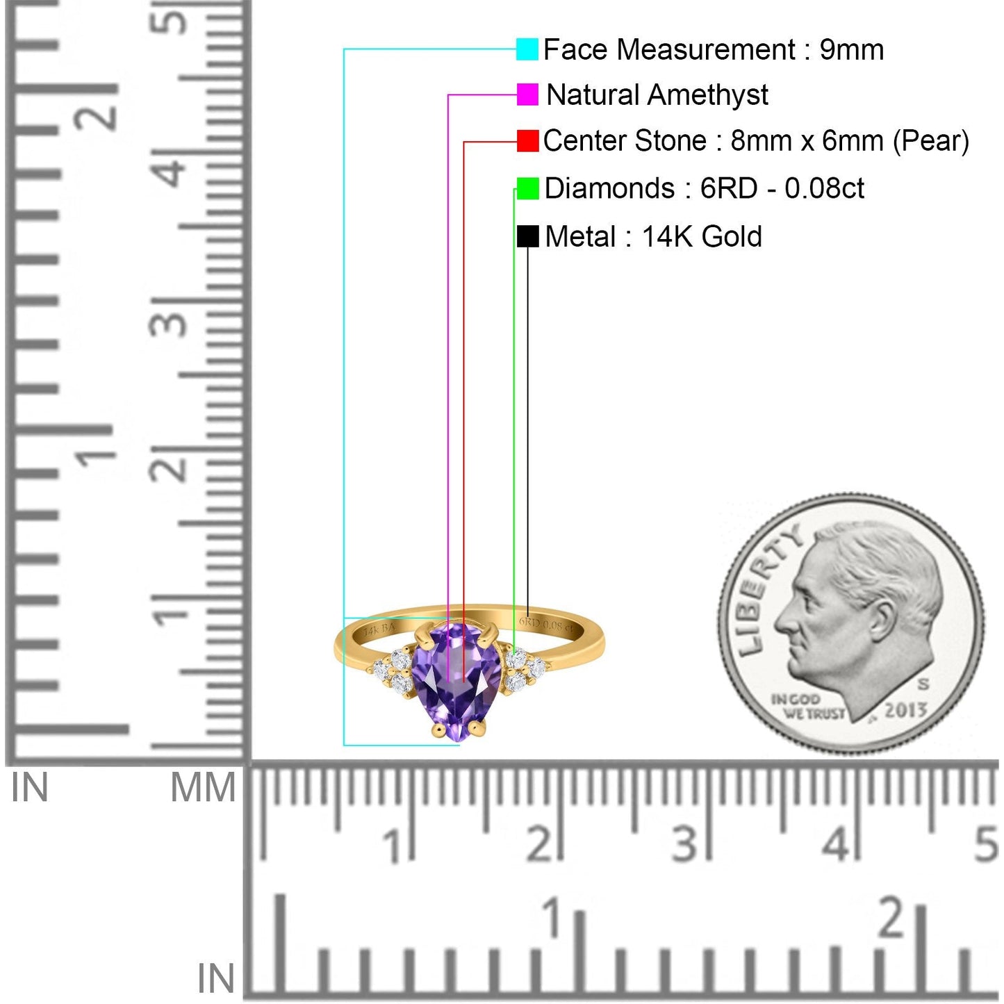 14K Yellow Gold 1.33ct Teardrop Pear 8mmx6mm G SI Natural Amethyst Diamond Engagement Wedding Ring Size 6.5