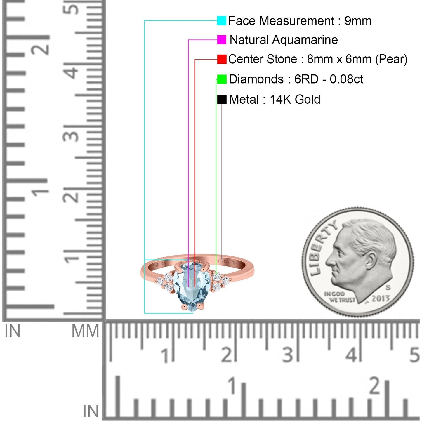 Bague de fiançailles en or rose 14 carats, 1,33 ct, forme poire en forme de larme, 8 mm x 6 mm, G SI, aigue-marine naturelle, diamant, taille 6,5