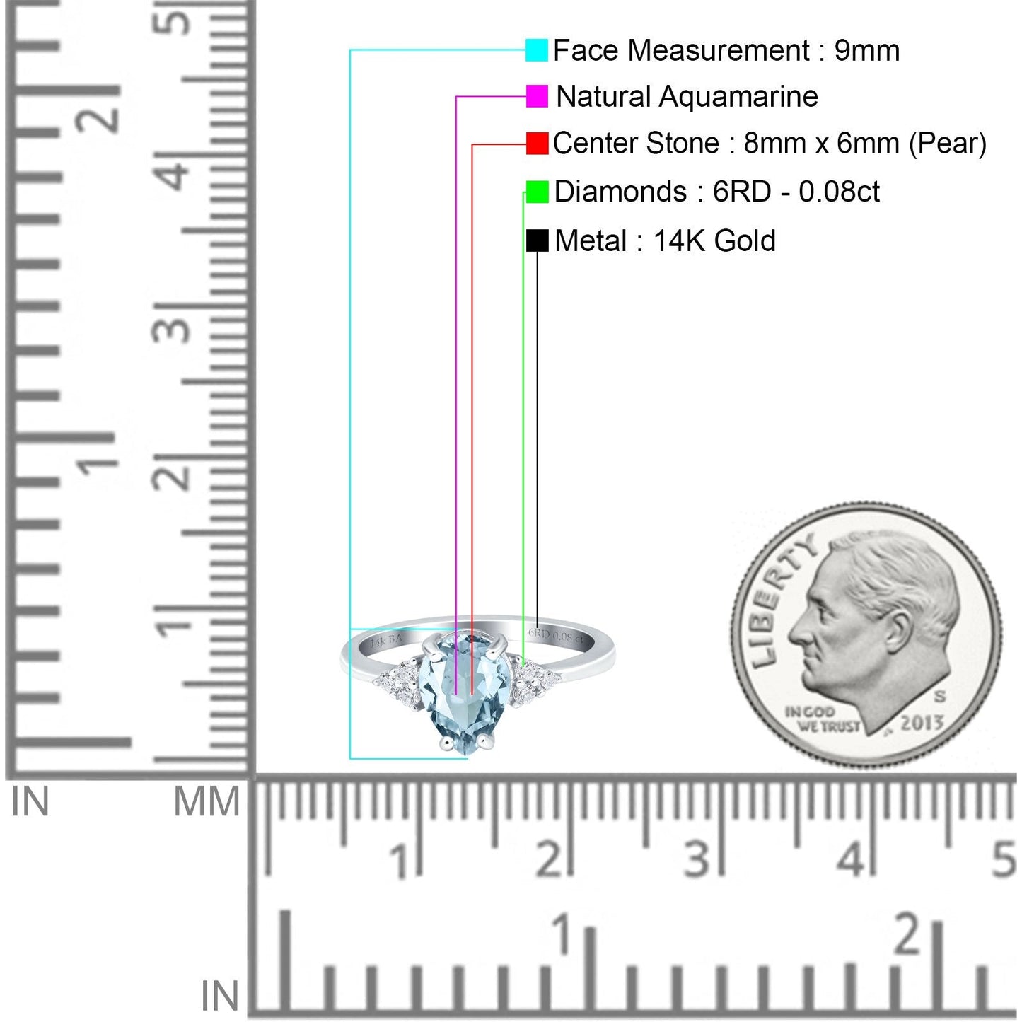 Bague de fiançailles en or blanc 14 carats, 1,33 ct, forme poire en forme de larme, 8 mm x 6 mm, G SI, aigue-marine naturelle, diamant, taille 6,5