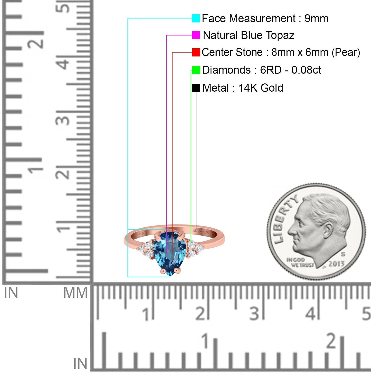 14K Rose Gold 1.33ct Teardrop Pear 8mmx6mm G SI Natural Blue Topaz Diamond Engagement Wedding Ring Size 6.5