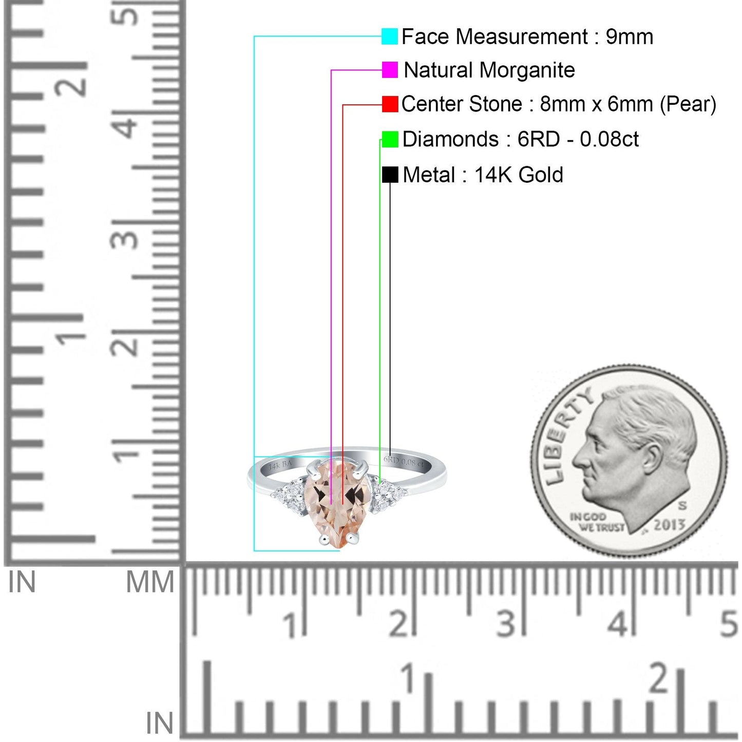 Bague de fiançailles en or blanc 14 carats, 1,33 ct, forme poire en forme de larme, 8 mm x 6 mm, G SI, diamant morganite naturel, taille 6,5