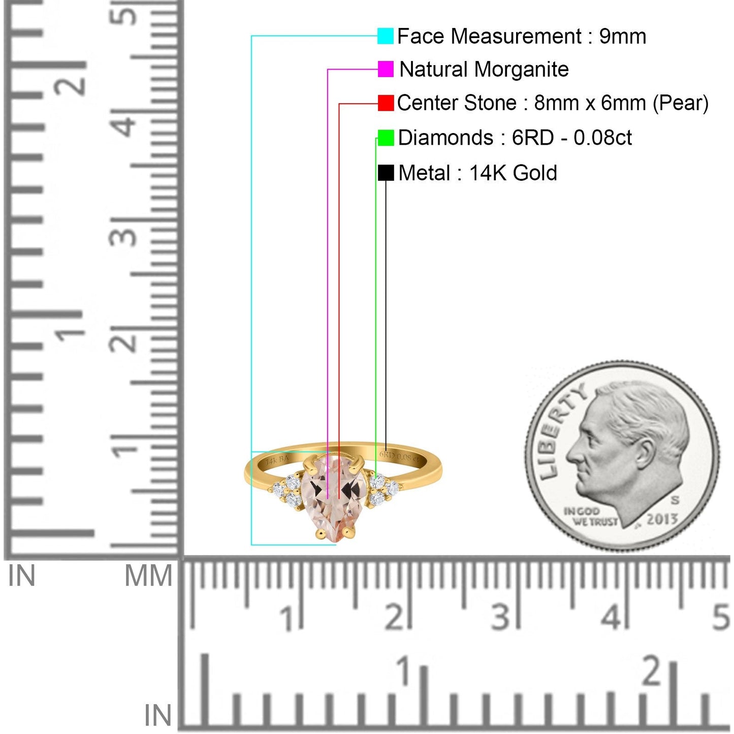 14K Yellow Gold 1.33ct Teardrop Pear 8mmx6mm G SI Natural Morganite Diamond Engagement Wedding Ring Size 6.5