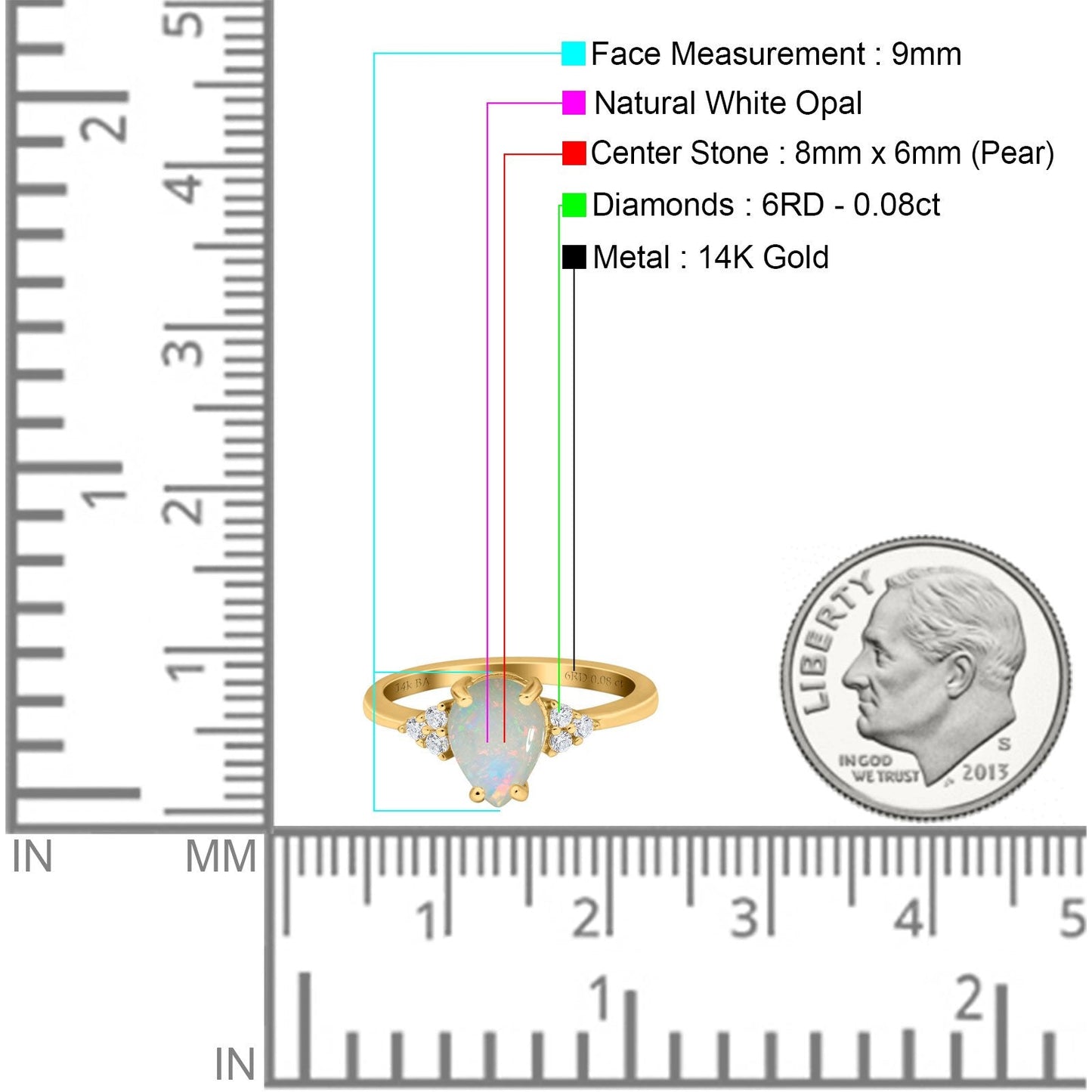 14K Yellow Gold 0.08ct Teardrop Pear 8mmx6mm G SI Natural White Opal Diamond Engagement Wedding Ring Size 6.5