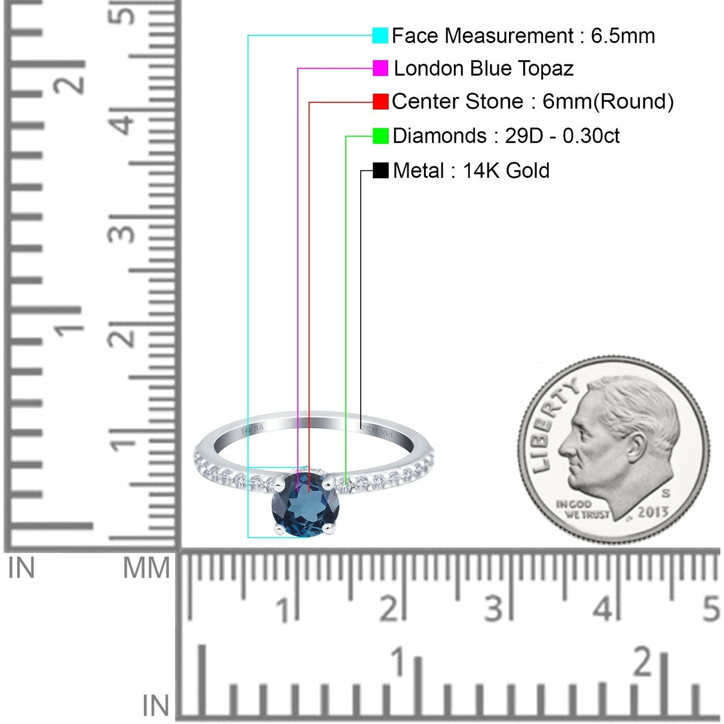 14K White Gold 1.14ct Round Accent Vintage 6mm G SI London Blue Topaz Diamond Engagement Wedding Ring Size 6.5