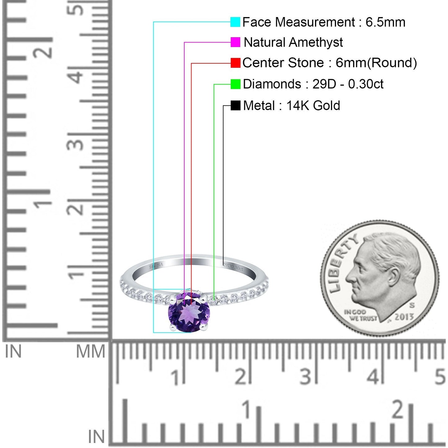 14K White Gold 1.14ct Round Accent Vintage 6mm G SI Natural Amethyst Diamond Engagement Wedding Ring Size 6.5