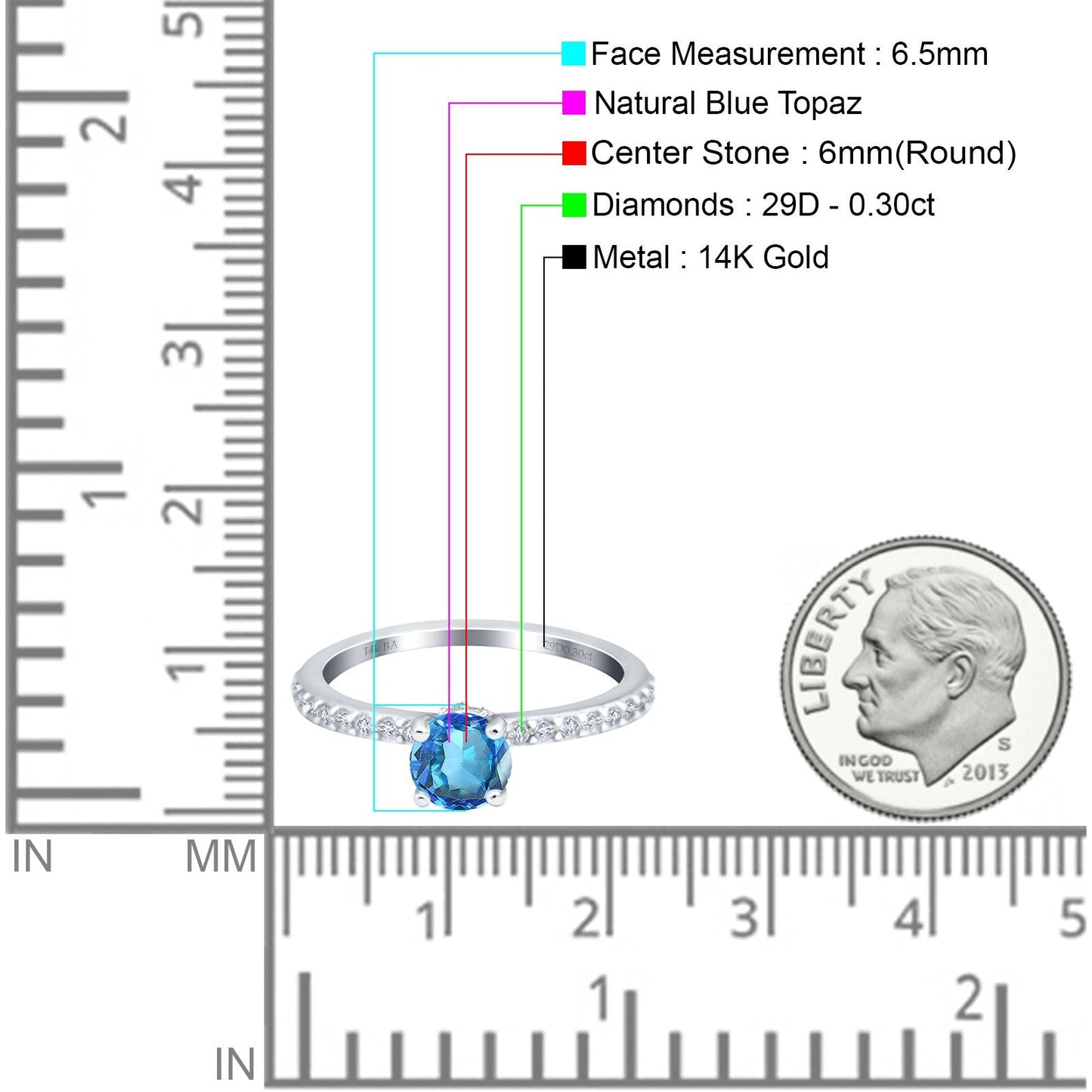 14K White Gold 1.14ct Round Accent Vintage 6mm G SI Natural Blue Topaz Diamond Engagement Wedding Ring Size 6.5