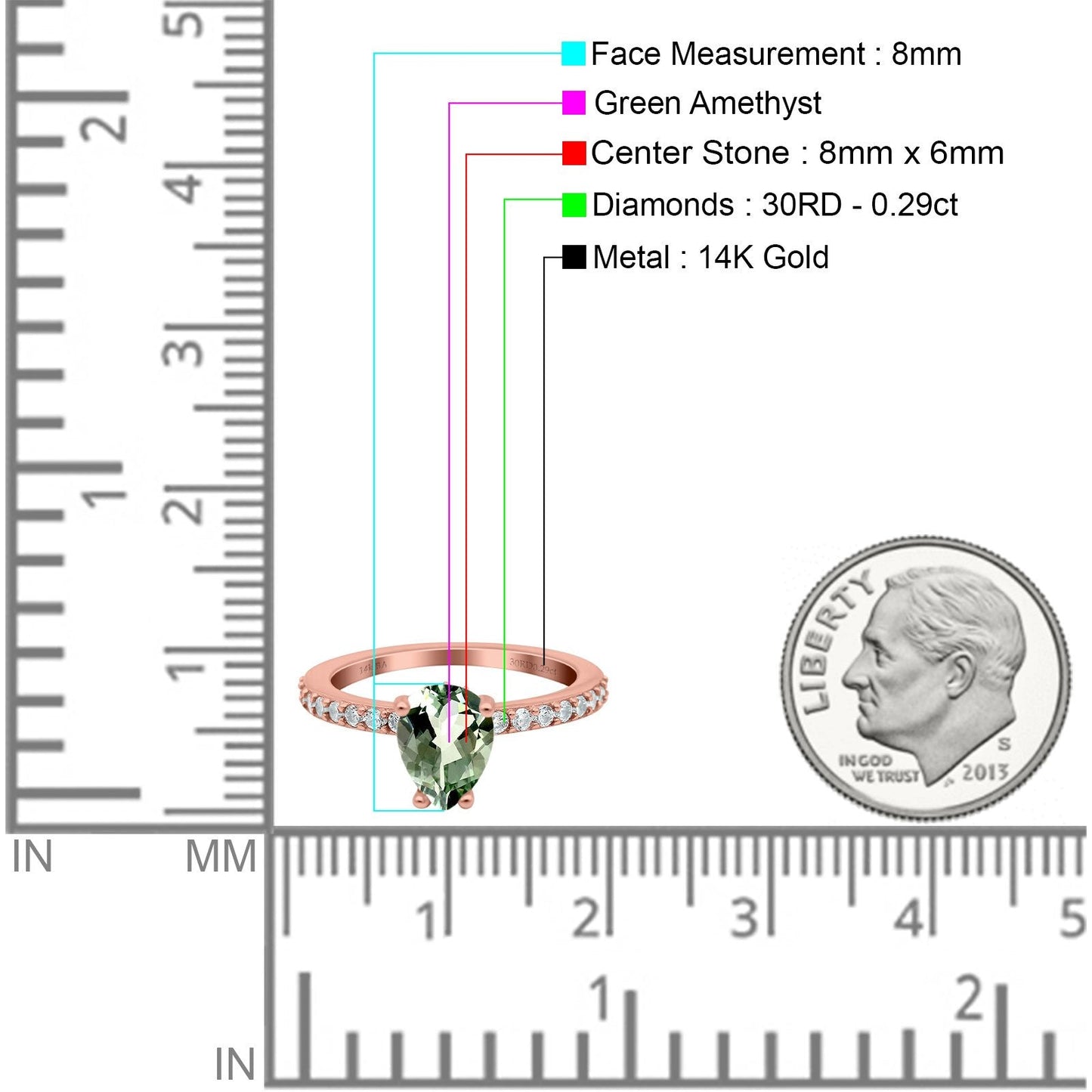 14K Rose Gold 1.54ct Teardrop Pear Accent 8mmx6mm G SI Natural Green Amethyst Diamond Engagement Wedding Ring Size 6.5