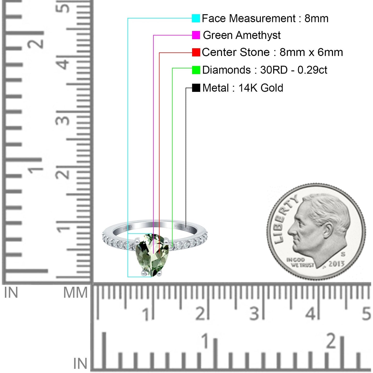 14K White Gold 1.54ct Teardrop Pear Accent 8mmx6mm G SI Natural Green Amethyst Diamond Engagement Wedding Ring Size 6.5