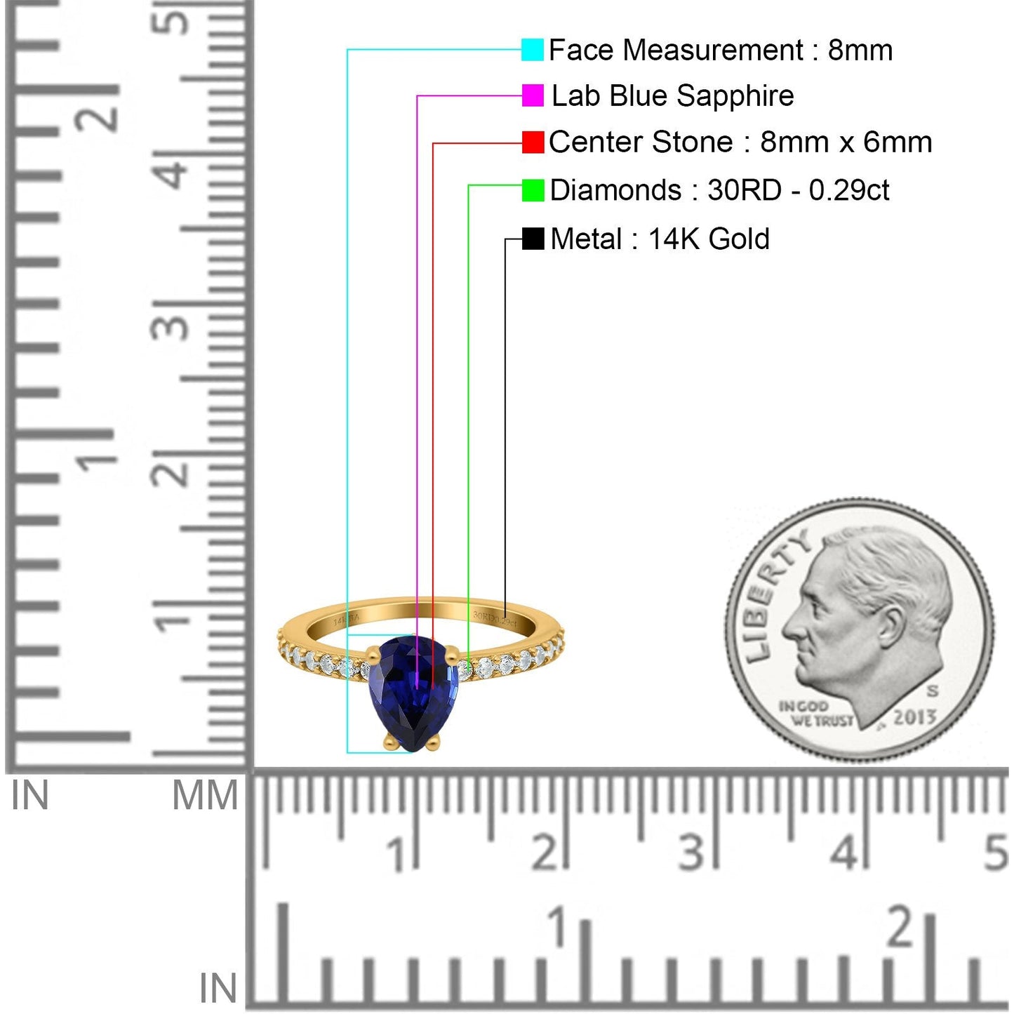 14K Yellow Gold 1.54ct Teardrop Pear Accent 8mmx6mm G SI Nano Blue Sapphire Diamond Engagement Wedding Ring Size 6.5