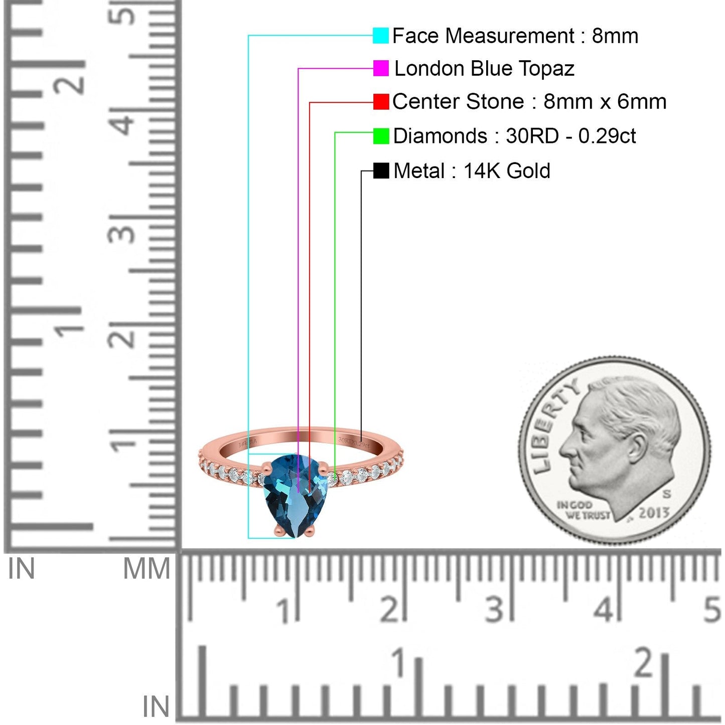 Bague de fiançailles en or rose 14 carats avec accent en forme de poire en forme de larme de 1,54 ct, 8 mm x 6 mm, topaze bleue de Londres, taille 6,5