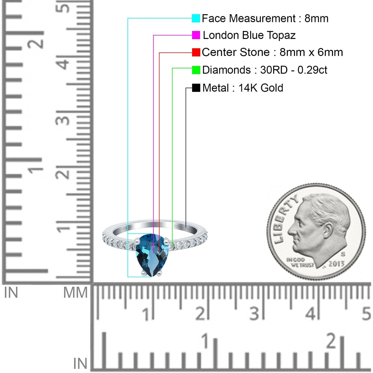 Bague de fiançailles en or blanc 14 carats avec accent en forme de poire en forme de larme de 1,54 ct, 8 mm x 6 mm, topaze bleue de Londres, taille 6,5