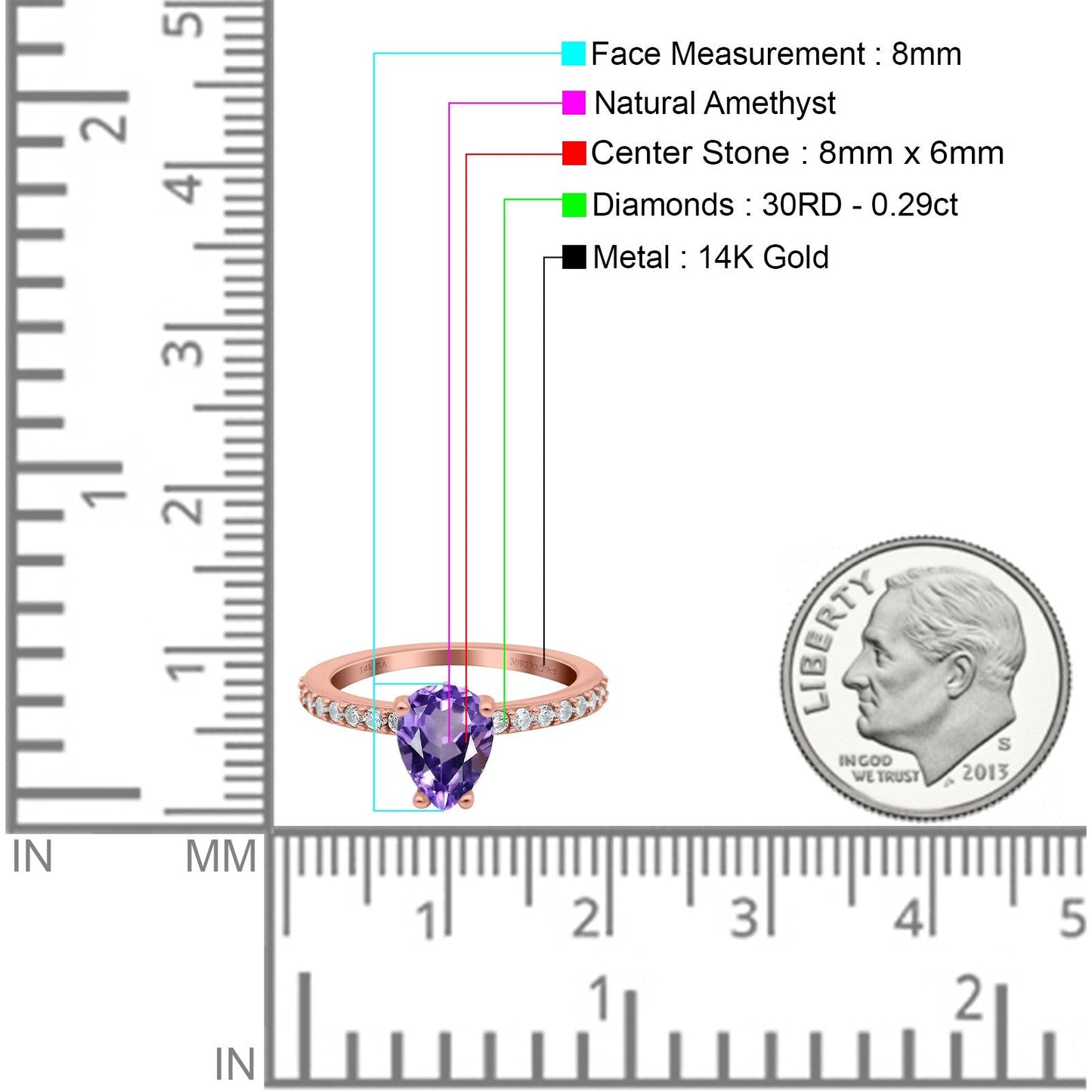 14K Rose Gold 1.54ct Teardrop Pear Accent 8mmx6mm G SI Natural Amethyst Diamond Engagement Wedding Ring Size 6.5