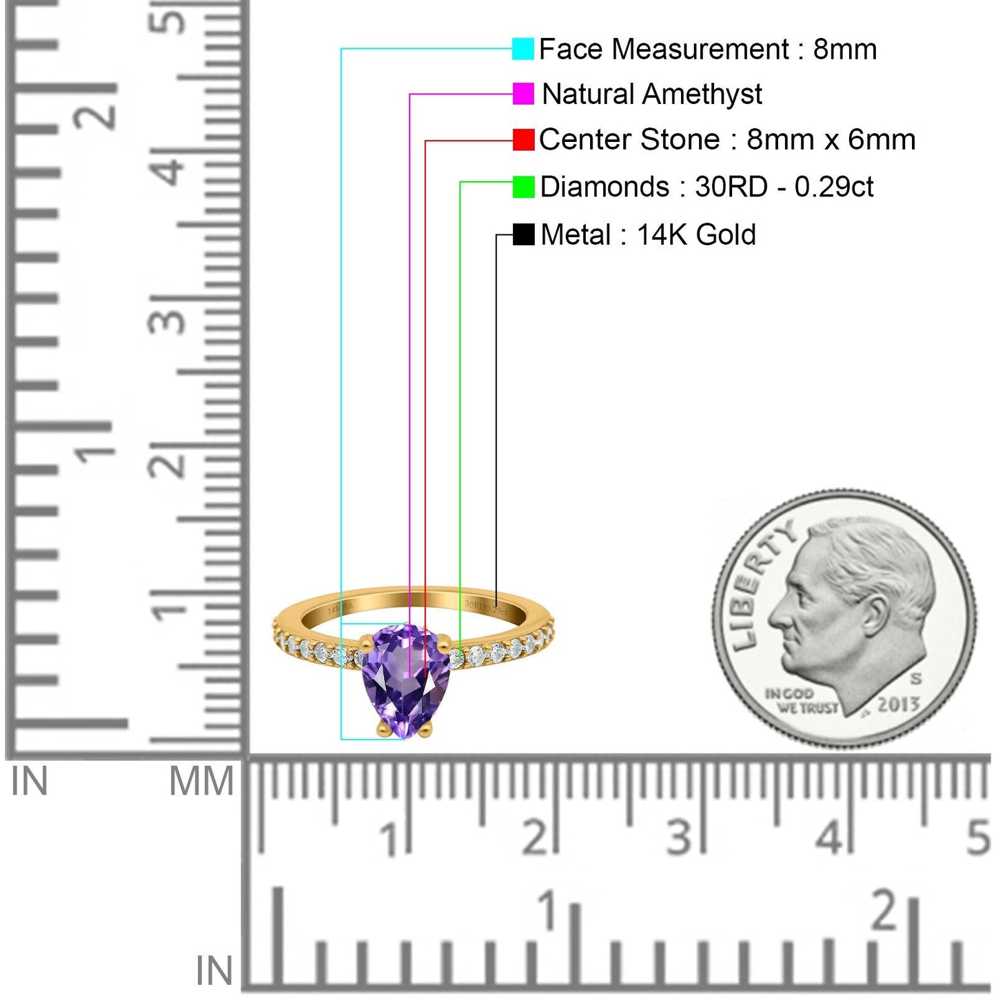 14K Yellow Gold 1.54ct Teardrop Pear Accent 8mmx6mm G SI Natural Amethyst Diamond Engagement Wedding Ring Size 6.5