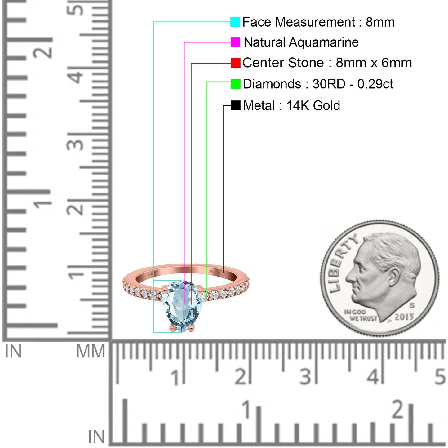 14K Rose Gold 1.54ct Teardrop Pear Accent 8mmx6mm G SI Natural Aquamarine Diamond Engagement Wedding Ring Size 6.5