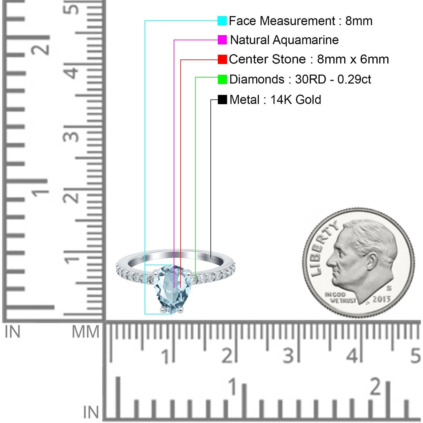 14K White Gold 1.54ct Teardrop Pear Accent 8mmx6mm G SI Natural Aquamarine Diamond Engagement Wedding Ring Size 6.5