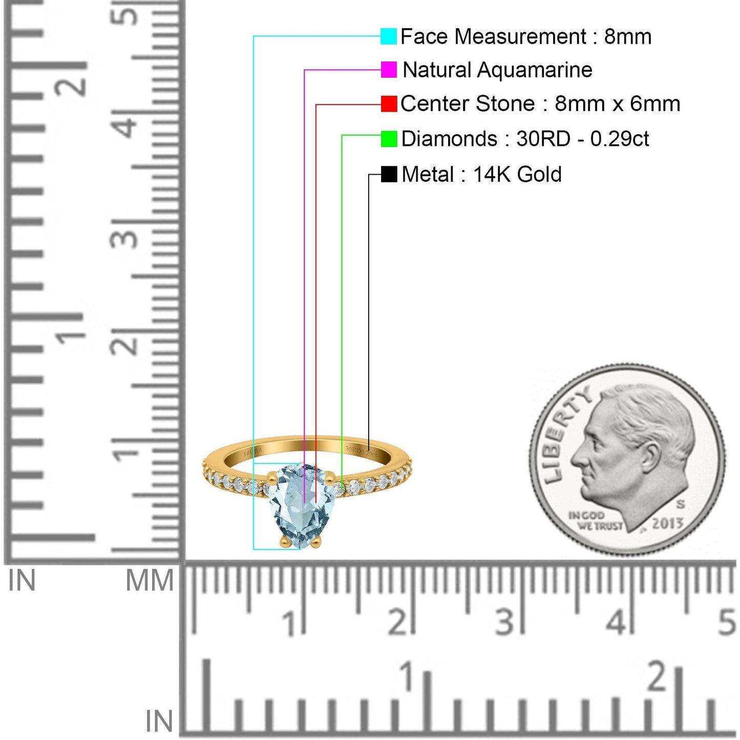 14K Yellow Gold 1.54ct Teardrop Pear Accent 8mmx6mm G SI Natural Aquamarine Diamond Engagement Wedding Ring Size 6.5