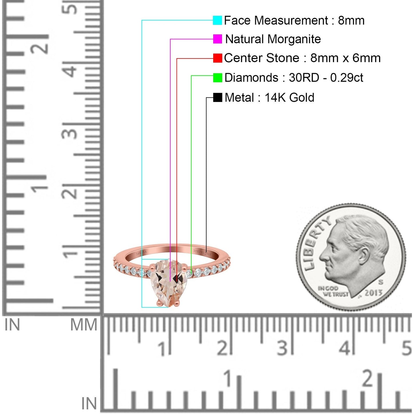 14K Rose Gold 1.54ct Teardrop Pear Accent 8mmx6mm G SI Natural Morganite Diamond Engagement Wedding Ring Size 6.5