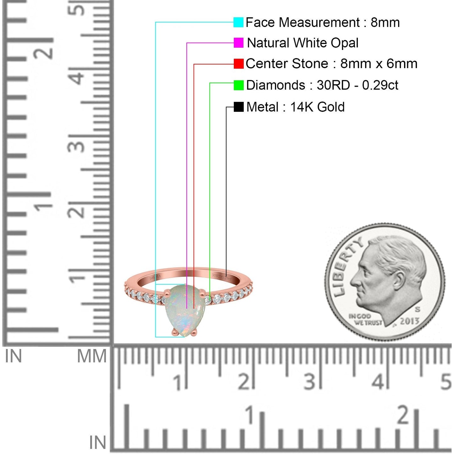 14K Rose Gold 0.29ct Teardrop Pear Accent 8mmx6mm G SI Natural White Opal Diamond Engagement Wedding Ring Size 6.5